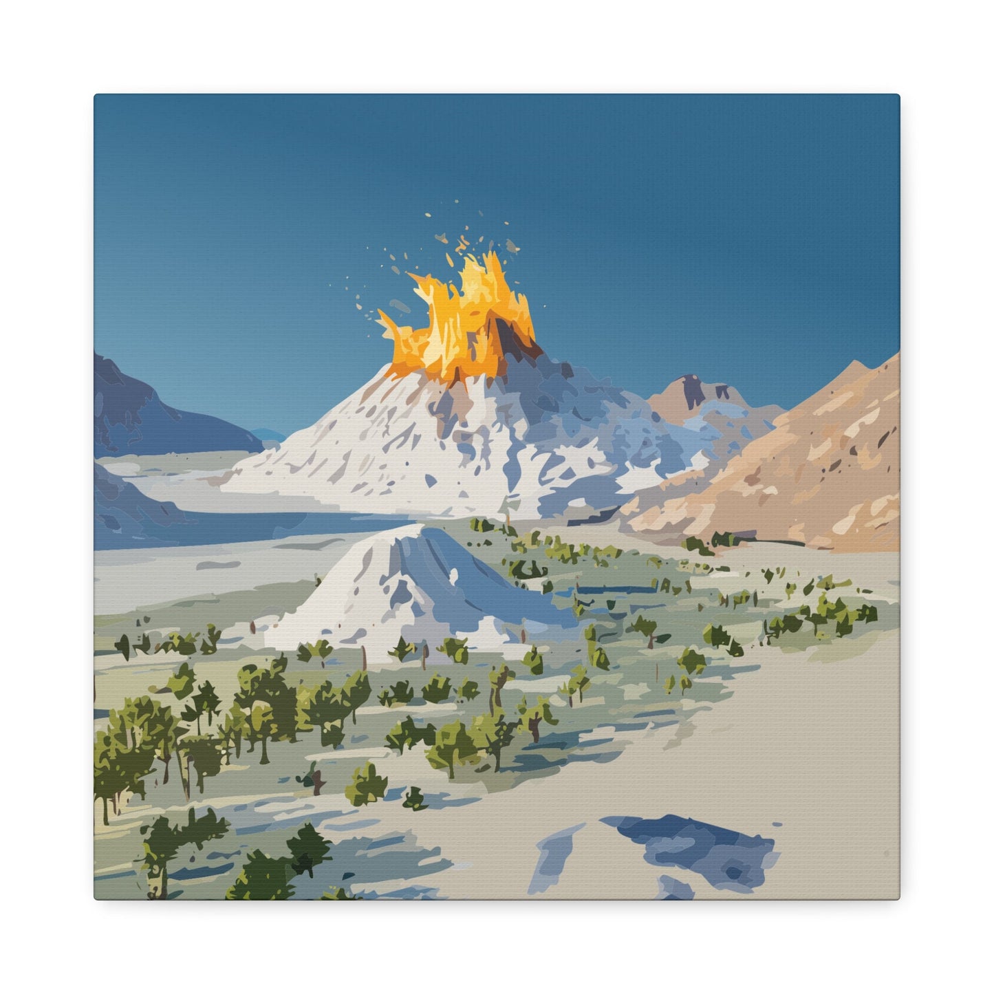 Tropical Volcano Eruption Canvas Wall Art | Stylized National-Park Vector Print on FSC-Certified Stretched Matte Canvas — Mystery Island Decor