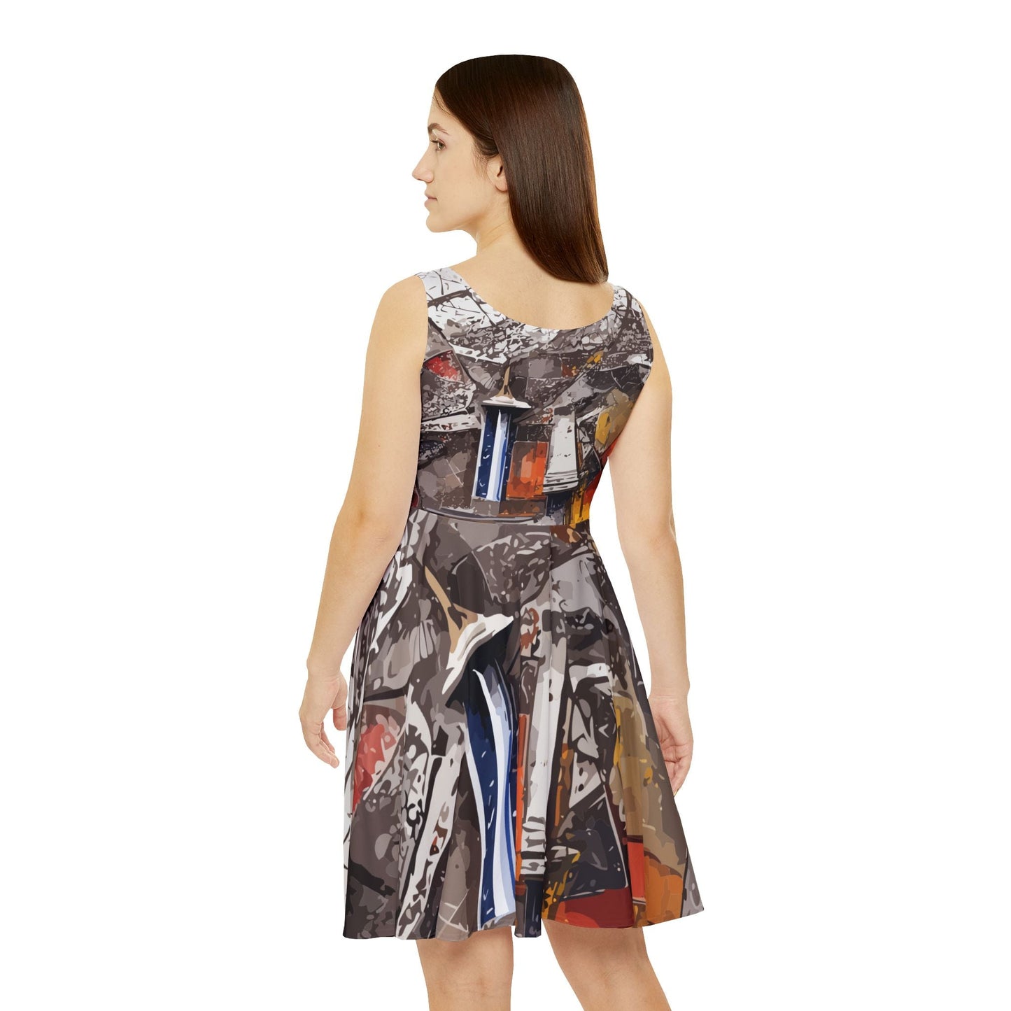Torn Poster Street Collage Skater Dress — Black, White & Orange Mixed-Media AOP Flared Party Dress