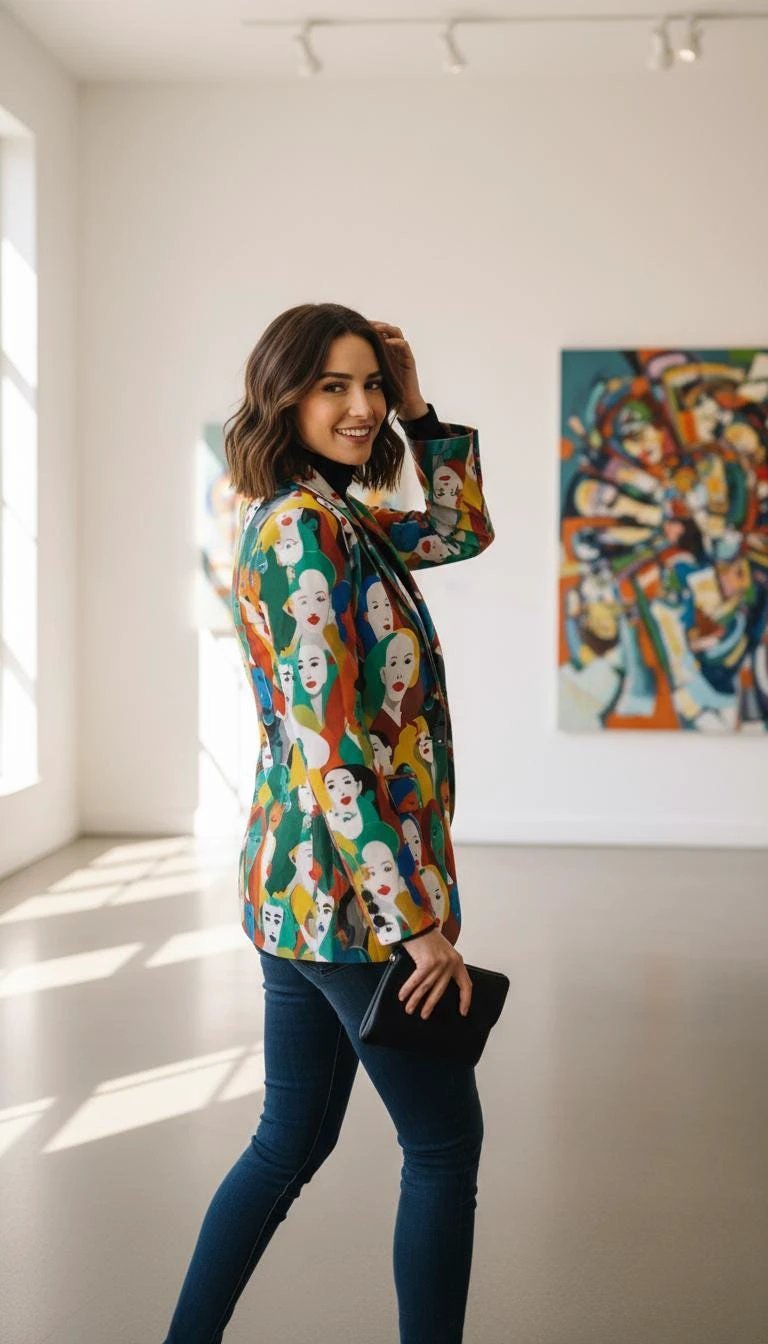 Urban Crowd Faces Designer Blazer - Bold All-Over Print Cotton Suit Jacket for Creatives