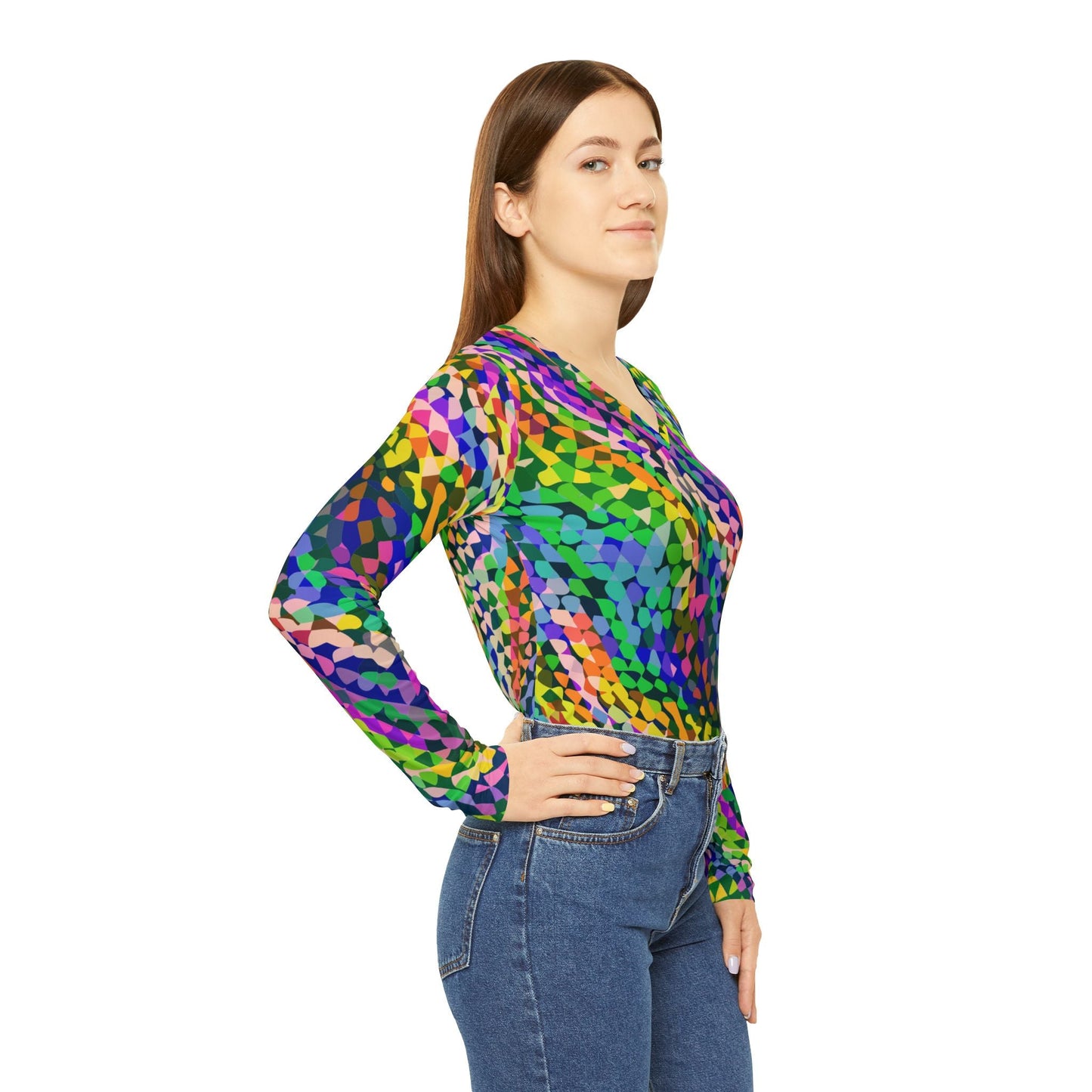 Vibrant AOP Long Sleeve V-Neck for Glow-Up Self-Expressers — Women's Bold Print Tee, Confidence-Led Statement Top, Everyday Maximalist Shirt