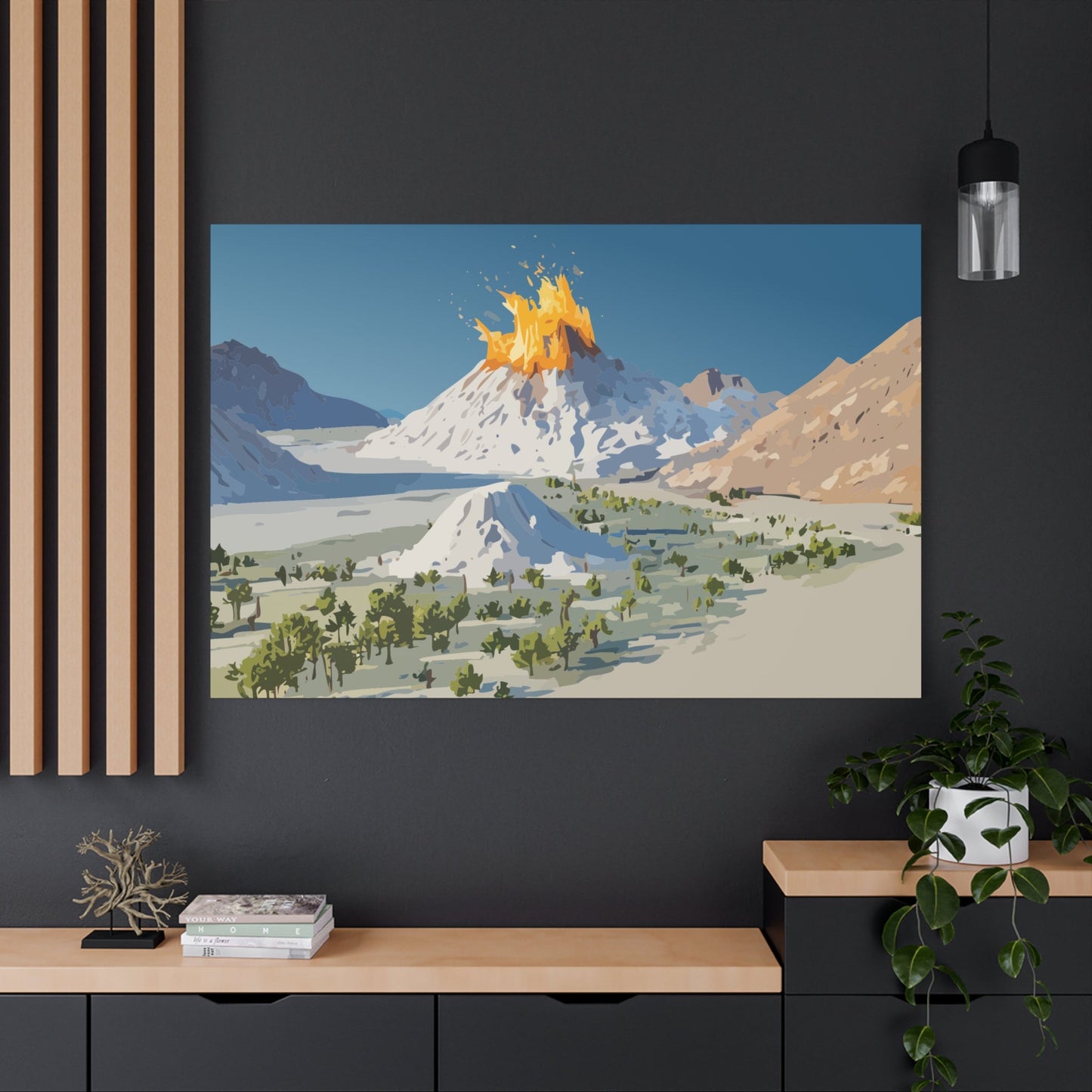 Tropical Volcano Eruption Canvas Wall Art | Stylized National-Park Vector Print on FSC-Certified Stretched Matte Canvas — Mystery Island Decor