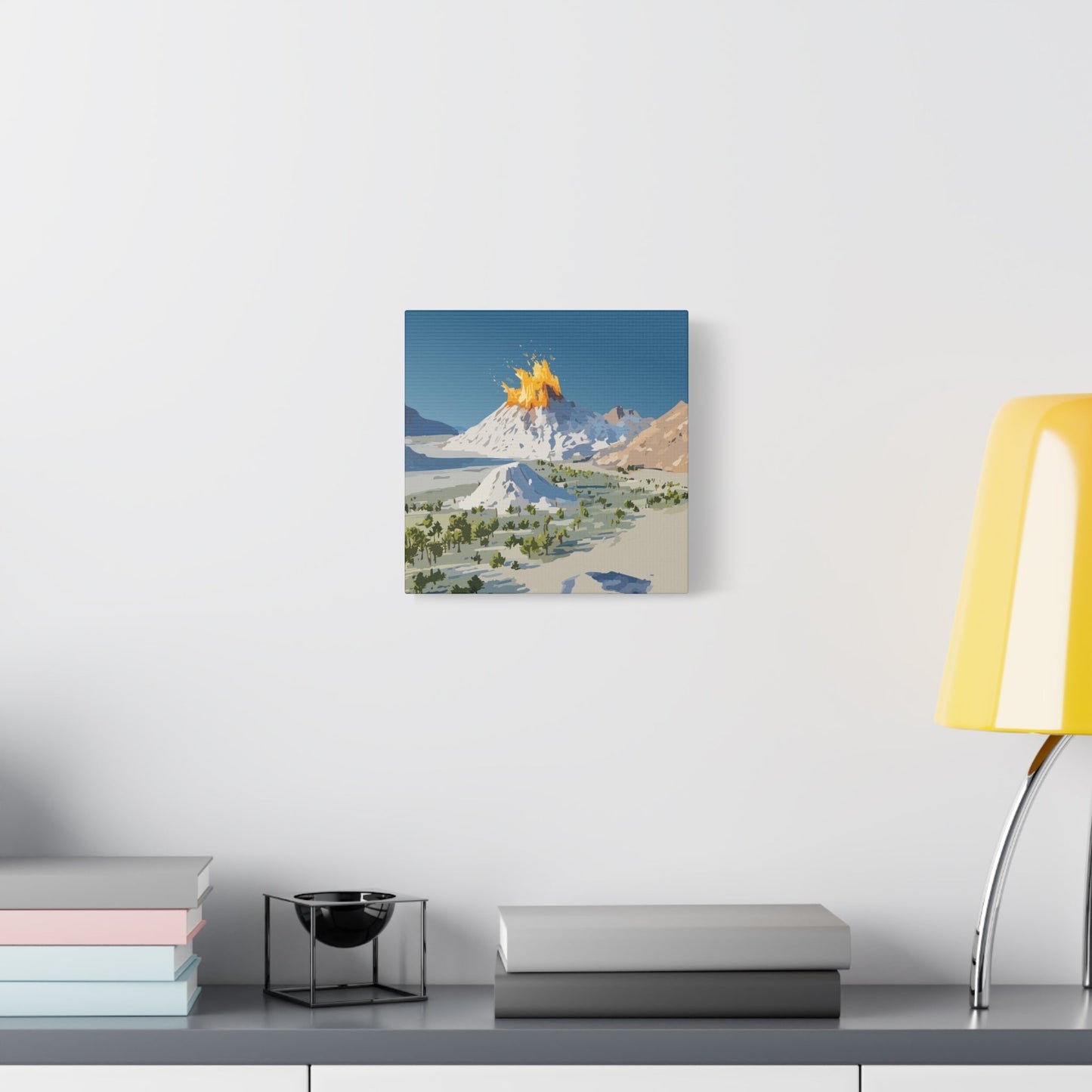 Tropical Volcano Eruption Canvas Wall Art | Stylized National-Park Vector Print on FSC-Certified Stretched Matte Canvas — Mystery Island Decor