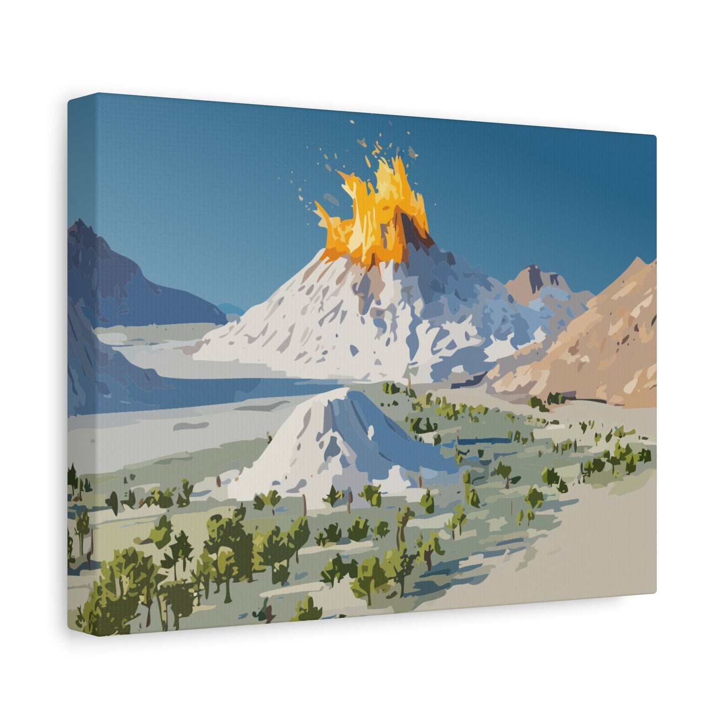 Tropical Volcano Eruption Canvas Wall Art | Stylized National-Park Vector Print on FSC-Certified Stretched Matte Canvas — Mystery Island Decor