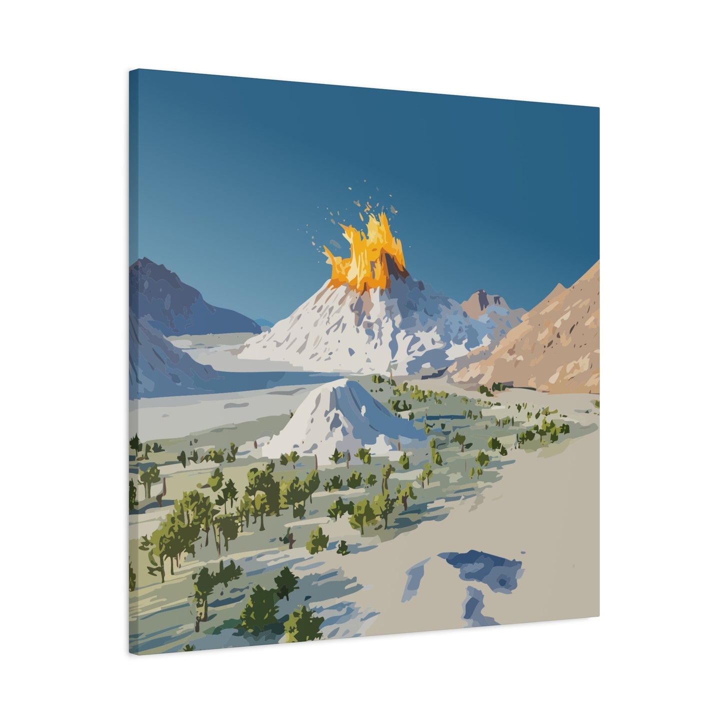 Tropical Volcano Eruption Canvas Wall Art | Stylized National-Park Vector Print on FSC-Certified Stretched Matte Canvas — Mystery Island Decor