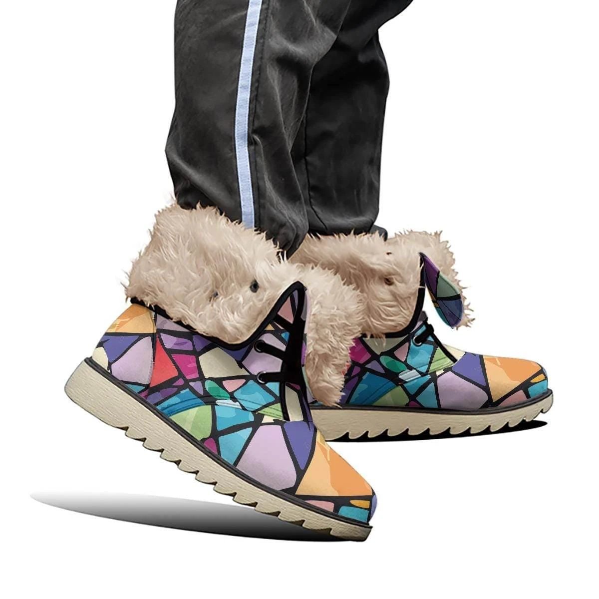 Geometric Prism AOP Winter Boots for Artistic Style Collectors — Warm Velvet-Lined Non-Slip Women's Footwear, Bold Pattern Statement Shoes