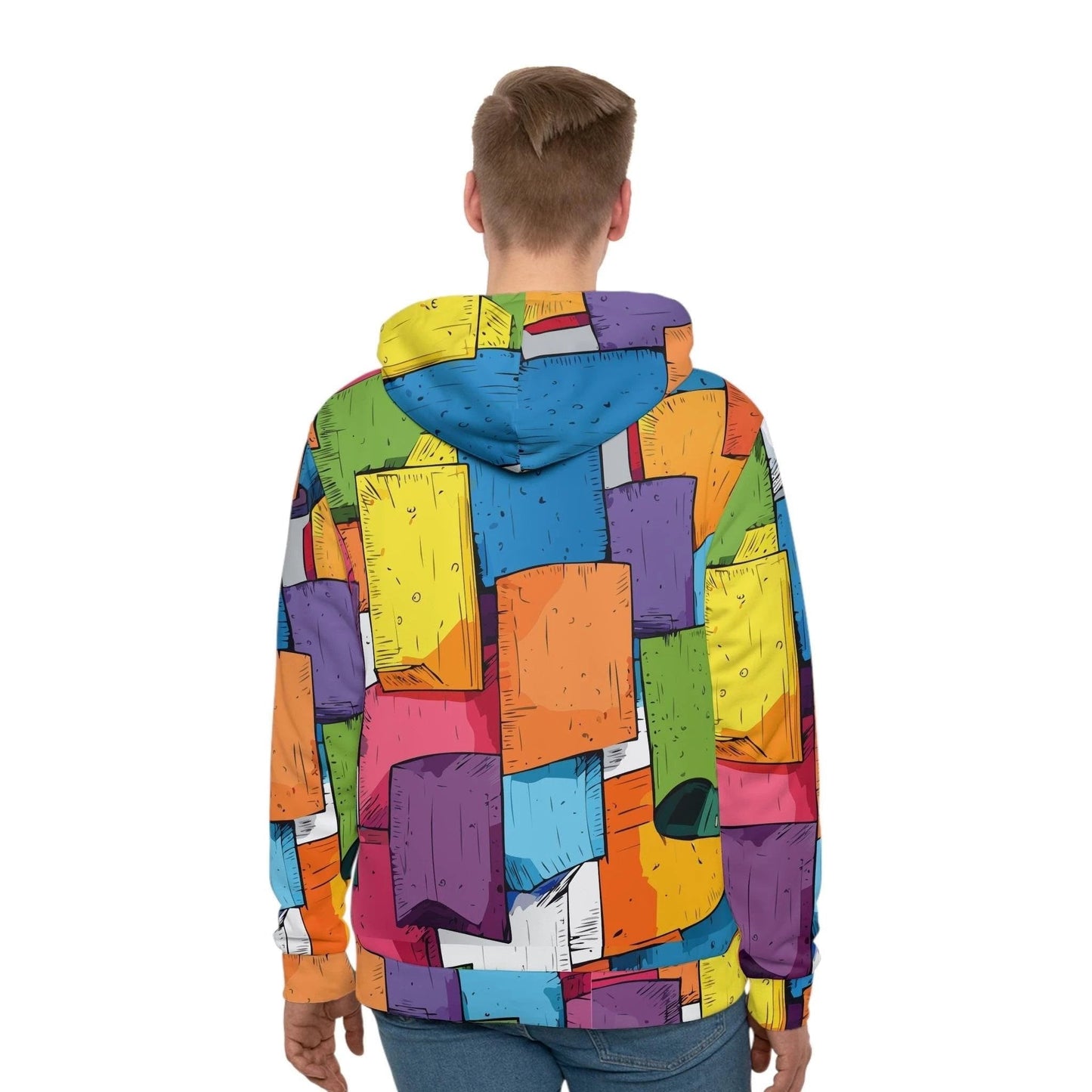Maximalist Geometric Block Print Hoodie for Tech-Creatives — Vibrant Architectural AOP Sweatshirt, Bold Color Statement Gift for Him