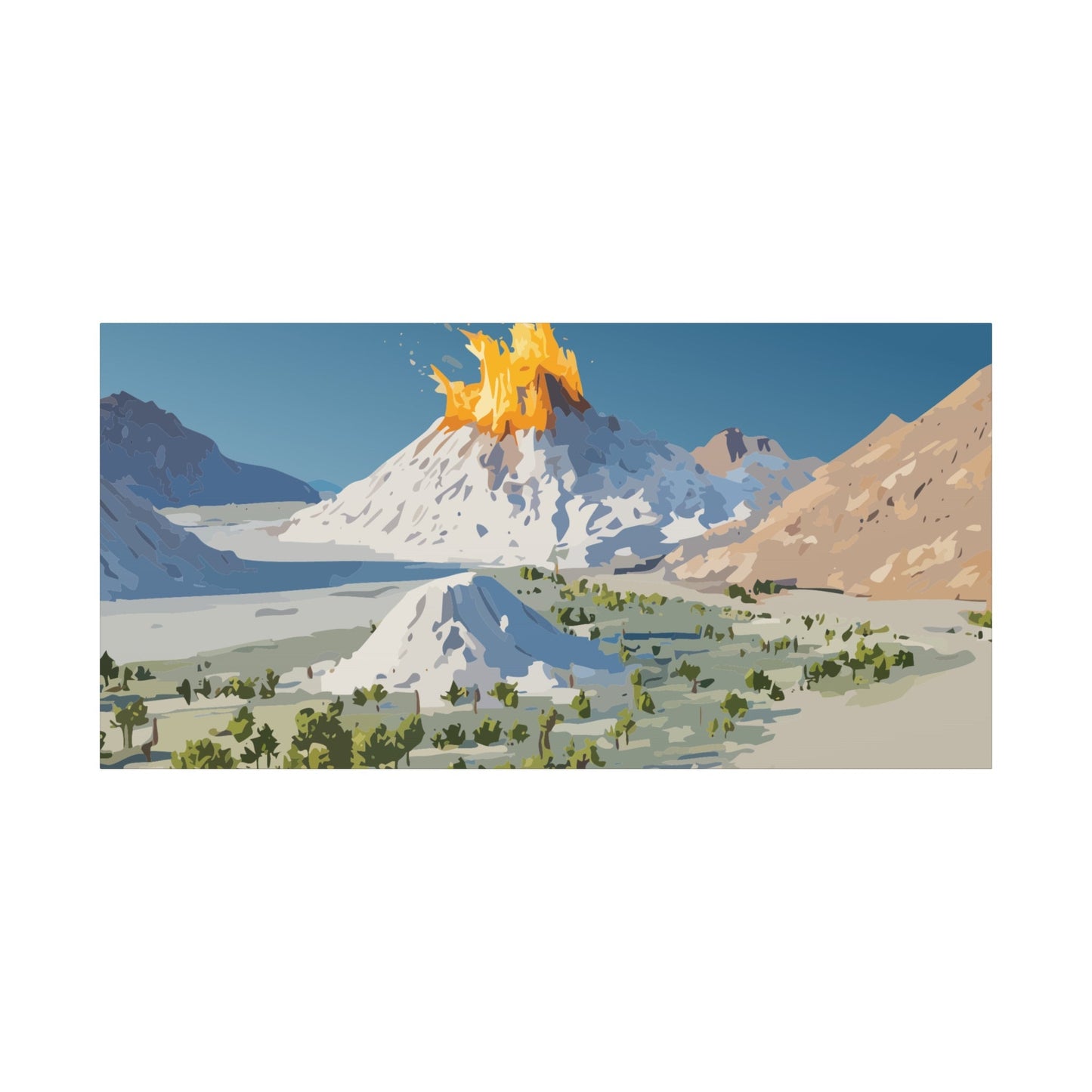 Tropical Volcano Eruption Canvas Wall Art | Stylized National-Park Vector Print on FSC-Certified Stretched Matte Canvas — Mystery Island Decor