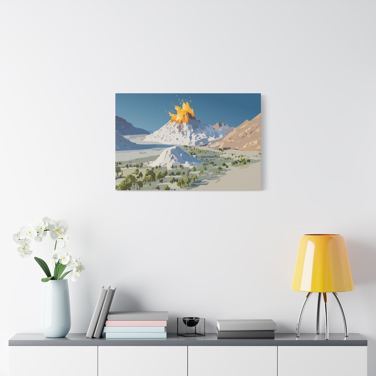 Tropical Volcano Eruption Canvas Wall Art | Stylized National-Park Vector Print on FSC-Certified Stretched Matte Canvas — Mystery Island Decor