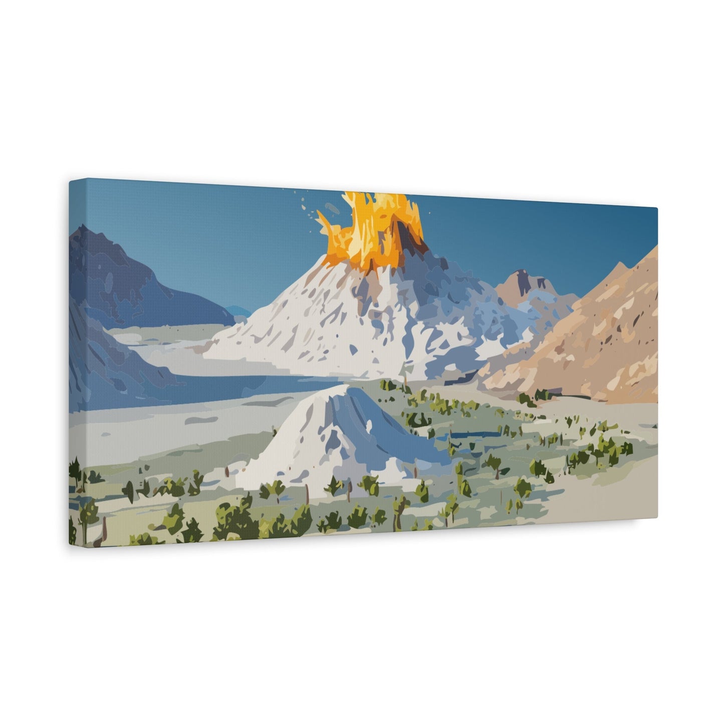 Tropical Volcano Eruption Canvas Wall Art | Stylized National-Park Vector Print on FSC-Certified Stretched Matte Canvas — Mystery Island Decor