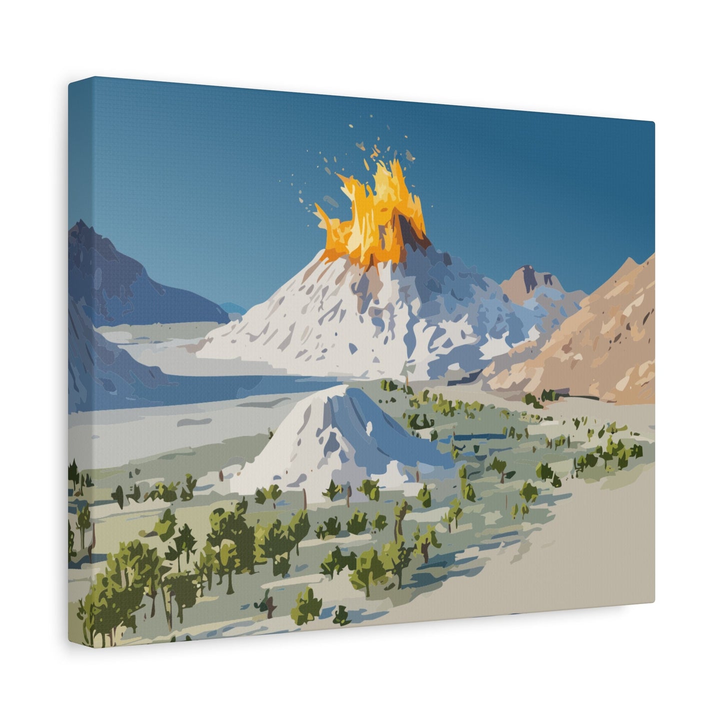 Tropical Volcano Eruption Canvas Wall Art | Stylized National-Park Vector Print on FSC-Certified Stretched Matte Canvas — Mystery Island Decor
