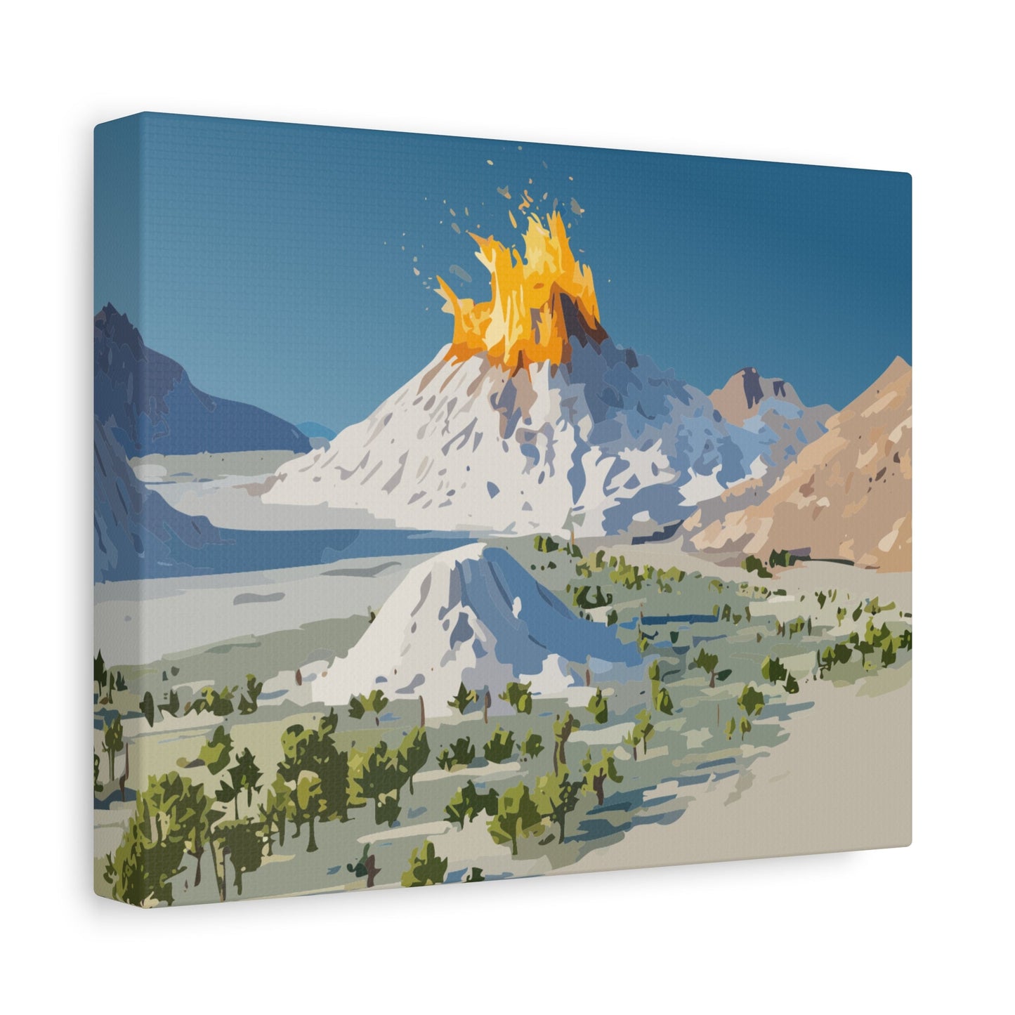 Tropical Volcano Eruption Canvas Wall Art | Stylized National-Park Vector Print on FSC-Certified Stretched Matte Canvas — Mystery Island Decor