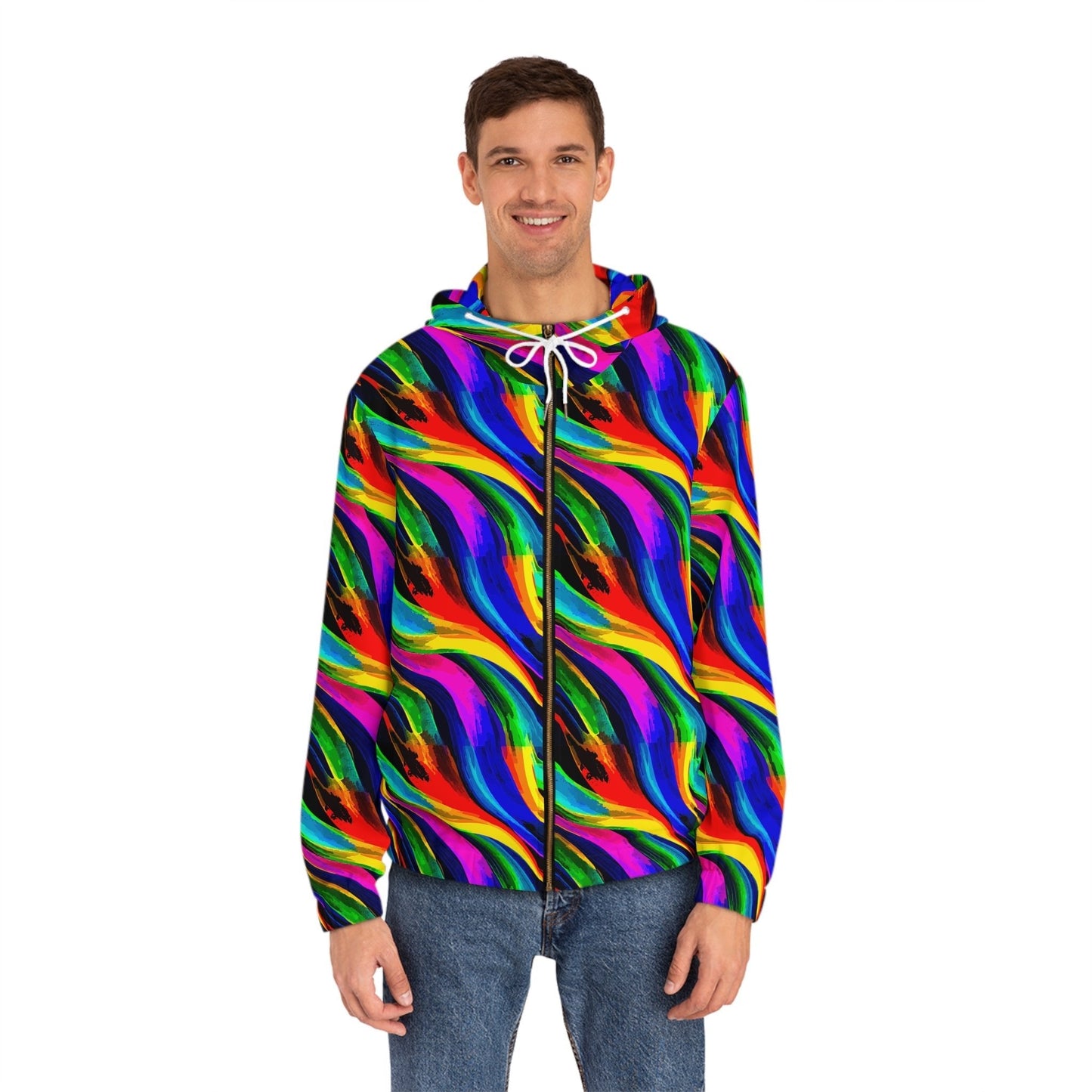 Vibrant Abstract AOP Full-Zip Hoodie – Gold Zipper, Black & White