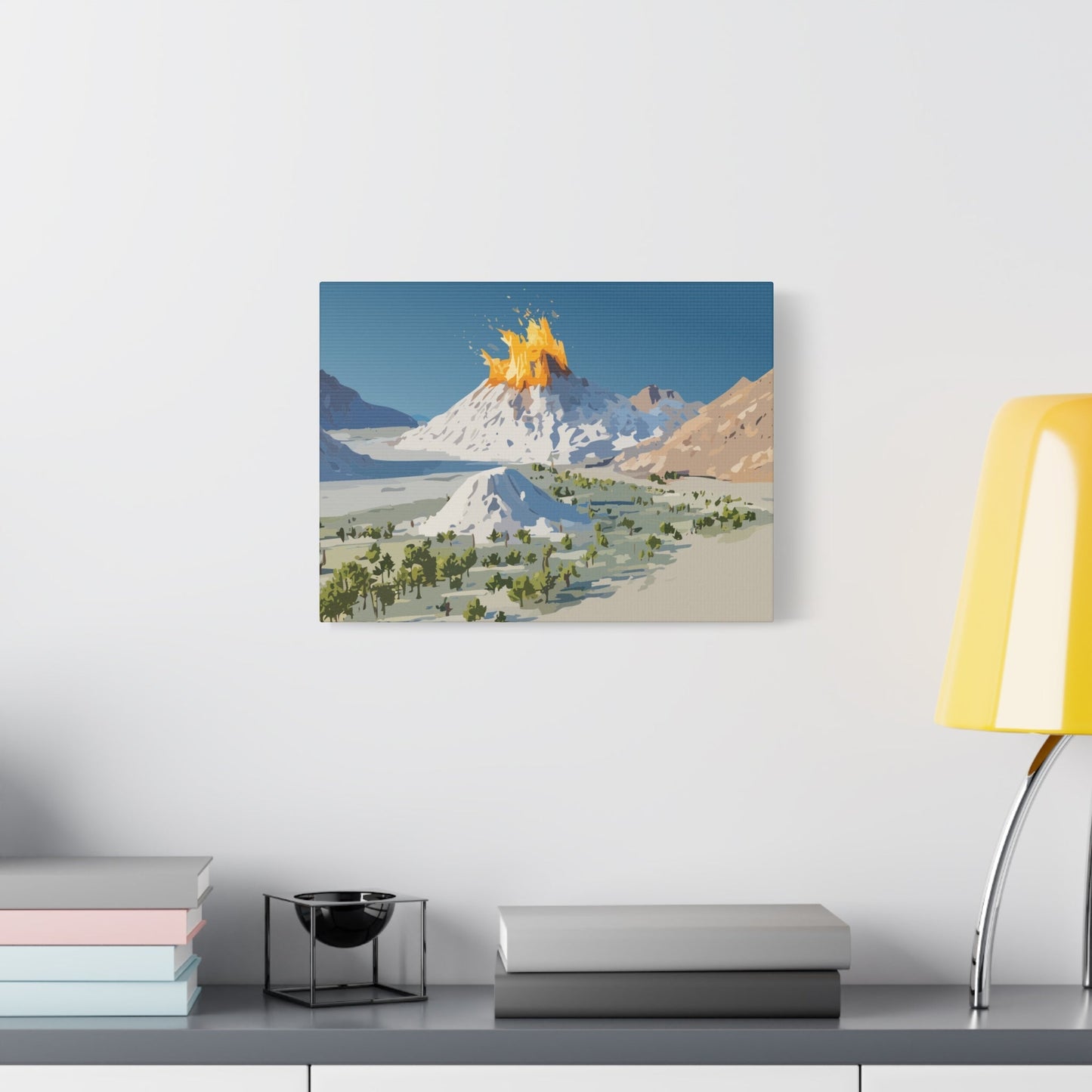 Tropical Volcano Eruption Canvas Wall Art | Stylized National-Park Vector Print on FSC-Certified Stretched Matte Canvas — Mystery Island Decor