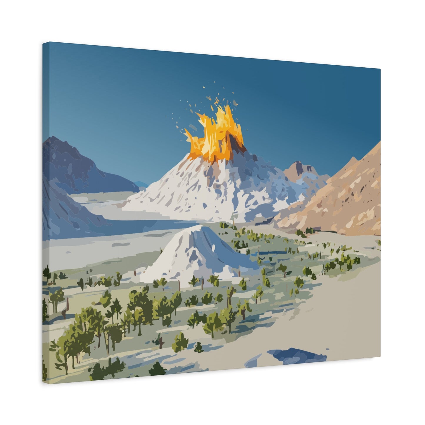 Tropical Volcano Eruption Canvas Wall Art | Stylized National-Park Vector Print on FSC-Certified Stretched Matte Canvas — Mystery Island Decor