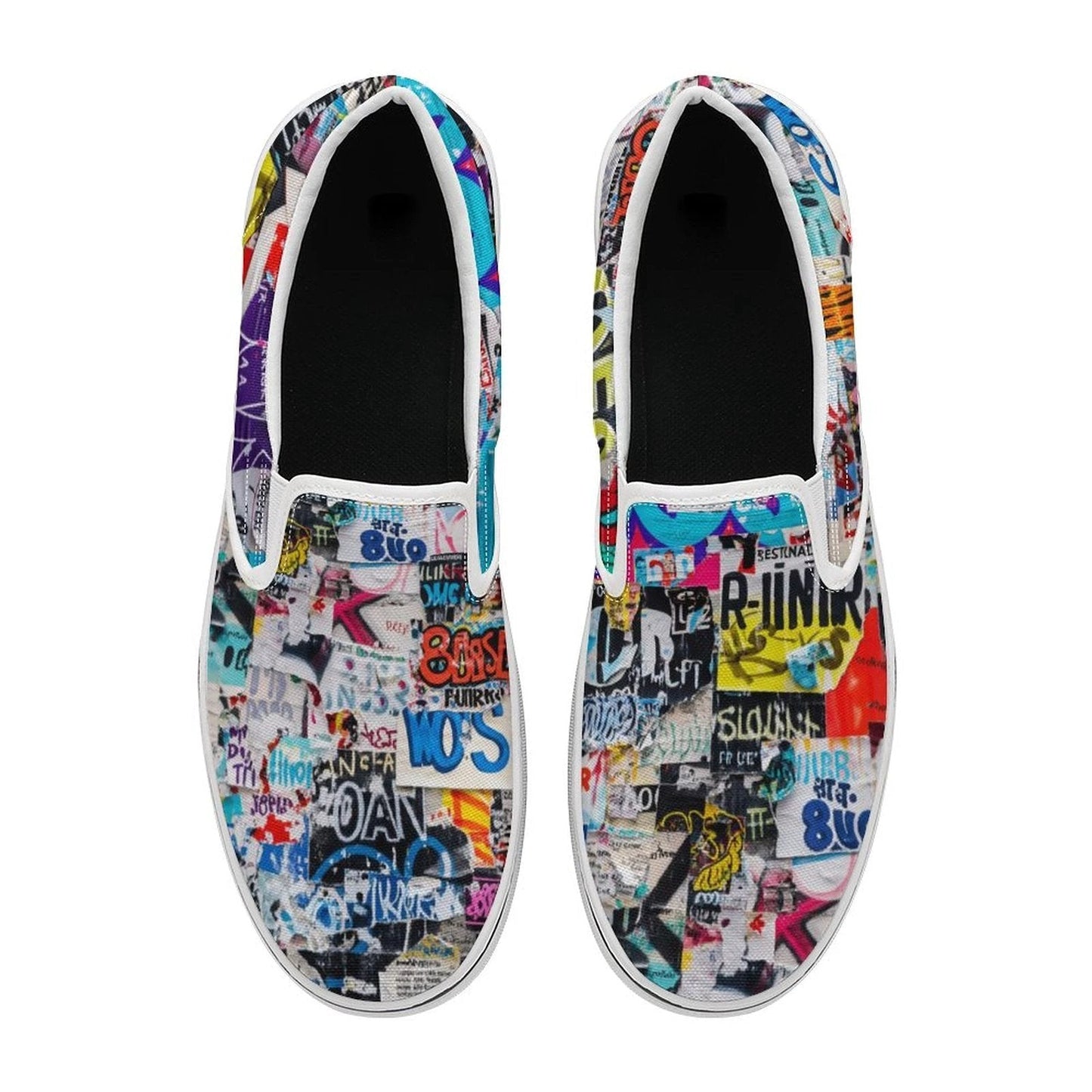 Sticker Bomb Slip-On Shoes — Graffiti Collage AOP Canvas Sneakers, Everyday Street Art Footwear