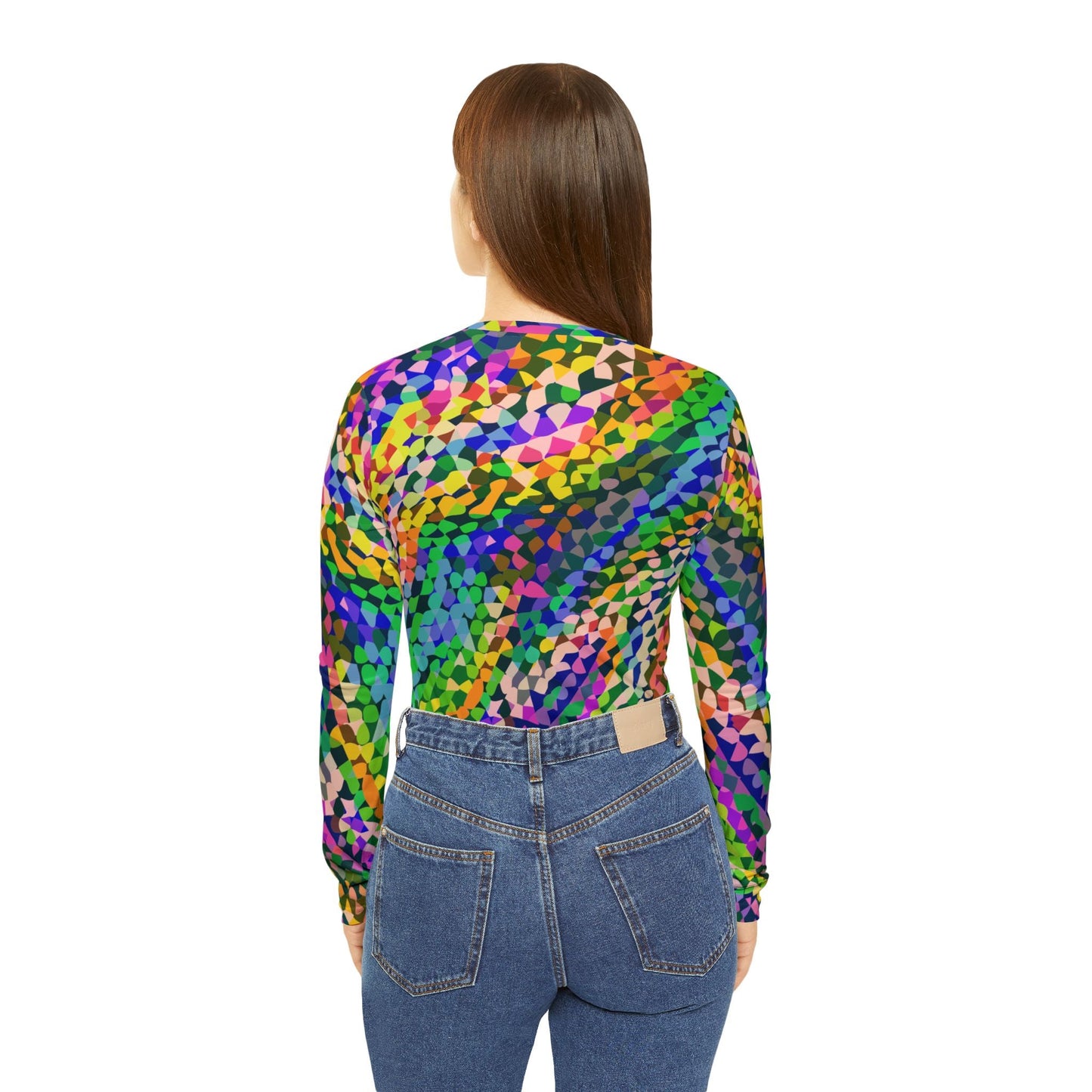 Vibrant AOP Long Sleeve V-Neck for Glow-Up Self-Expressers — Women's Bold Print Tee, Confidence-Led Statement Top, Everyday Maximalist Shirt