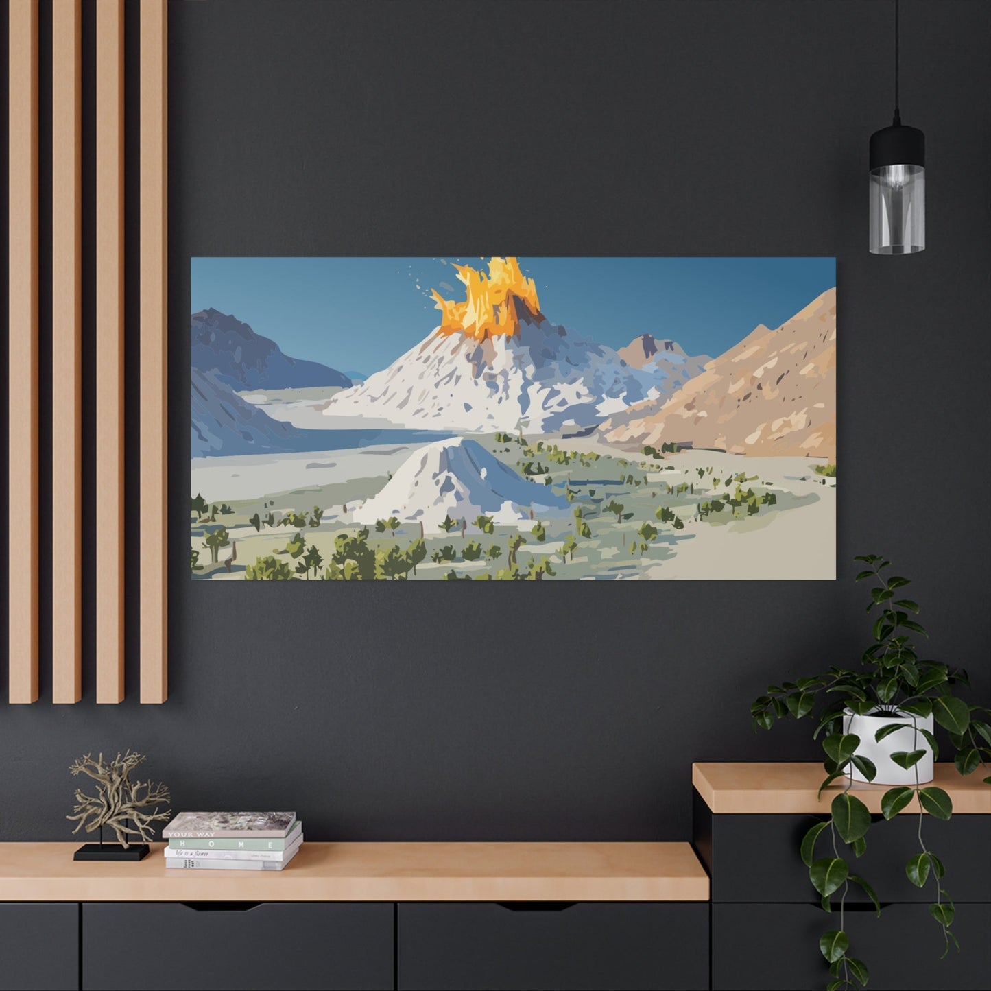 Tropical Volcano Eruption Canvas Wall Art | Stylized National-Park Vector Print on FSC-Certified Stretched Matte Canvas — Mystery Island Decor