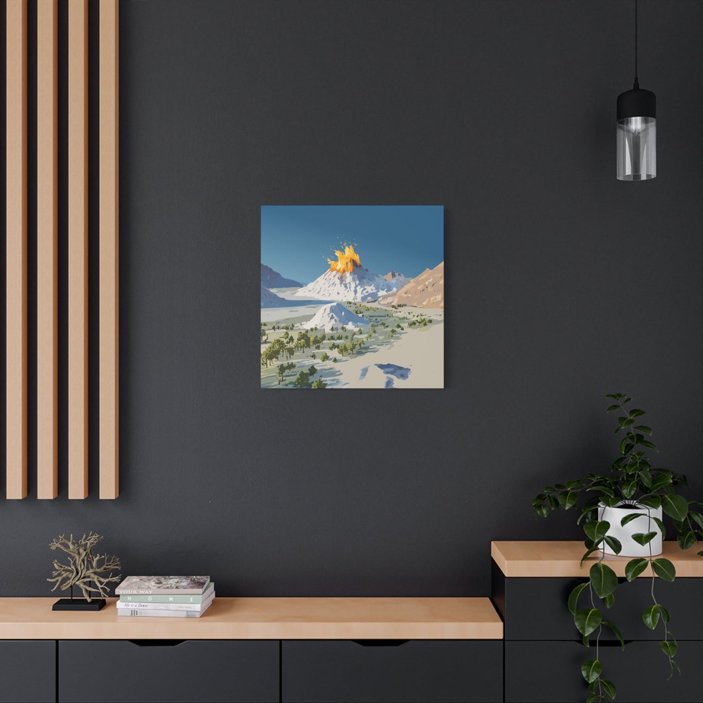 Tropical Volcano Eruption Canvas Wall Art | Stylized National-Park Vector Print on FSC-Certified Stretched Matte Canvas — Mystery Island Decor