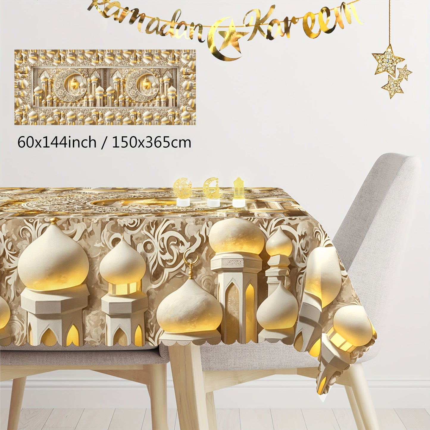 Elegant White Moon & Islamic Architecture Tablecloth TJR9M6D