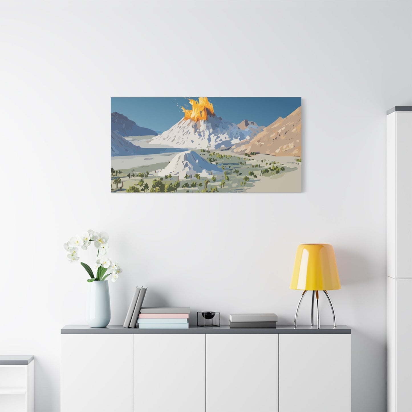Tropical Volcano Eruption Canvas Wall Art | Stylized National-Park Vector Print on FSC-Certified Stretched Matte Canvas — Mystery Island Decor