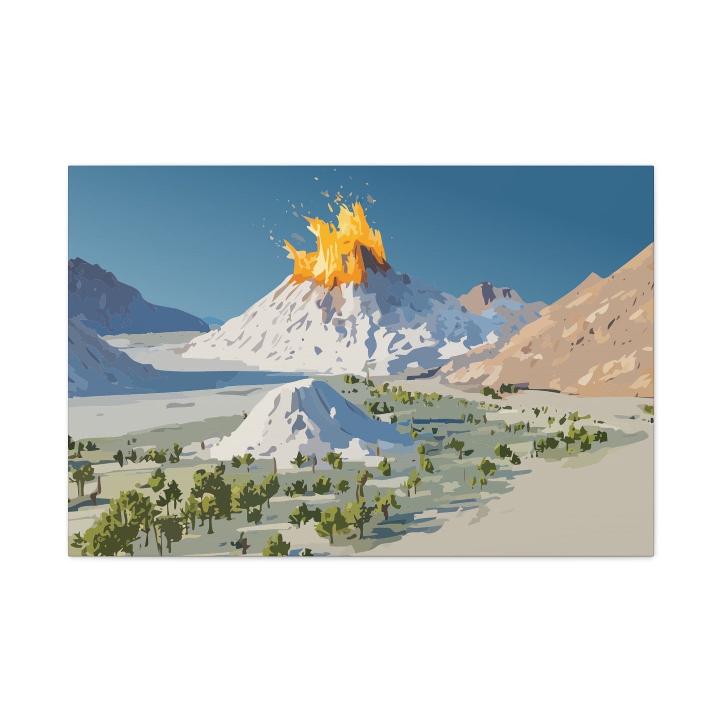 Tropical Volcano Eruption Canvas Wall Art | Stylized National-Park Vector Print on FSC-Certified Stretched Matte Canvas — Mystery Island Decor