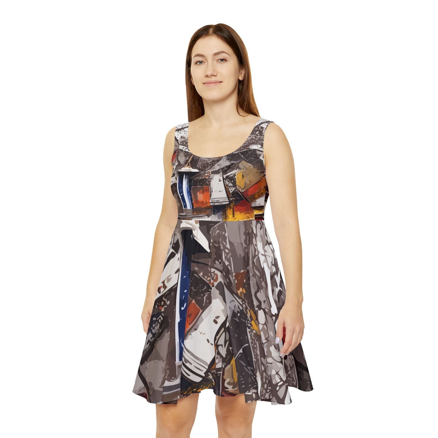 Torn Poster Street Collage Skater Dress — Black, White & Orange Mixed-Media AOP Flared Party Dress