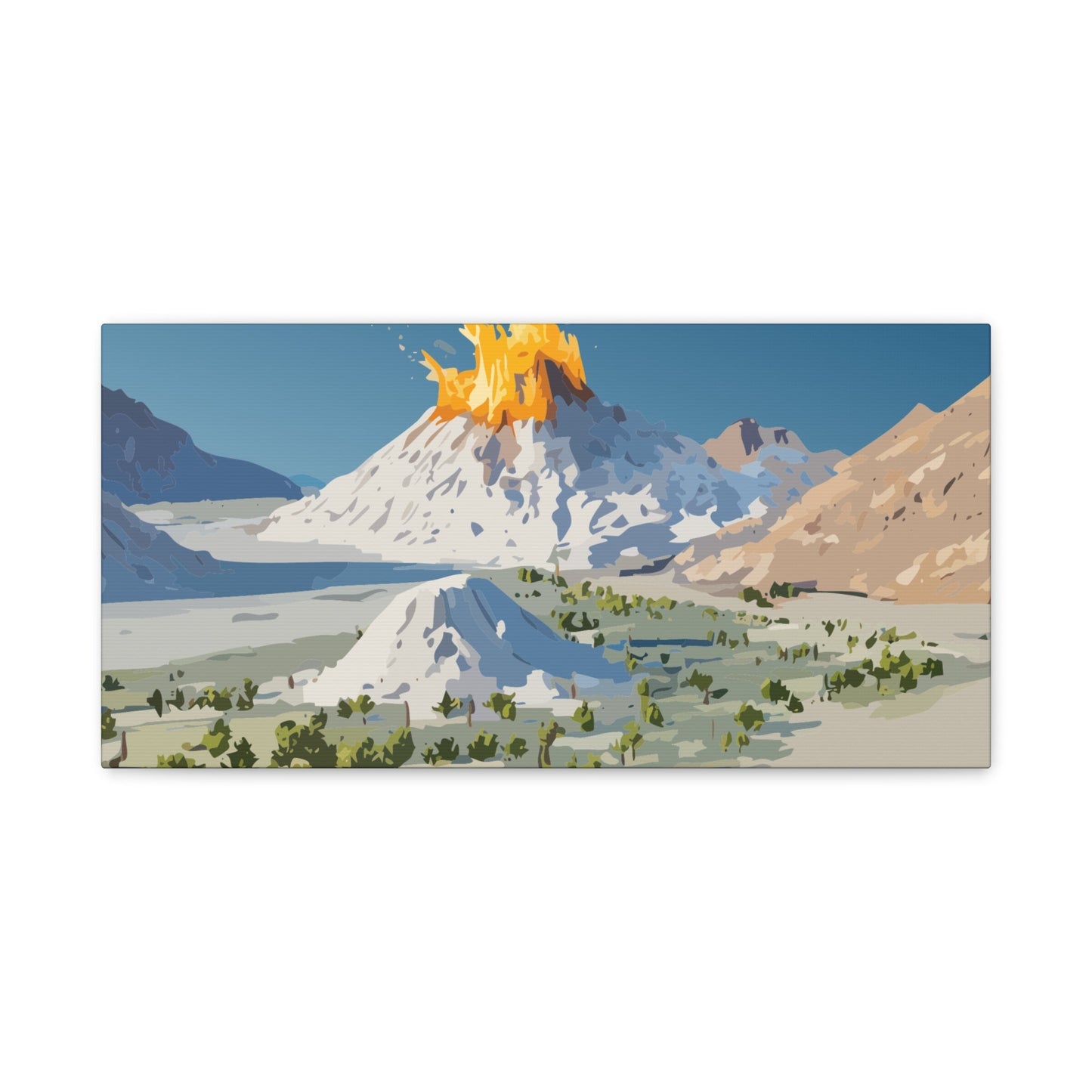 Tropical Volcano Eruption Canvas Wall Art | Stylized National-Park Vector Print on FSC-Certified Stretched Matte Canvas — Mystery Island Decor
