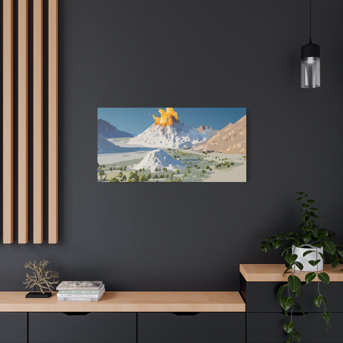 Tropical Volcano Eruption Canvas Wall Art | Stylized National-Park Vector Print on FSC-Certified Stretched Matte Canvas — Mystery Island Decor