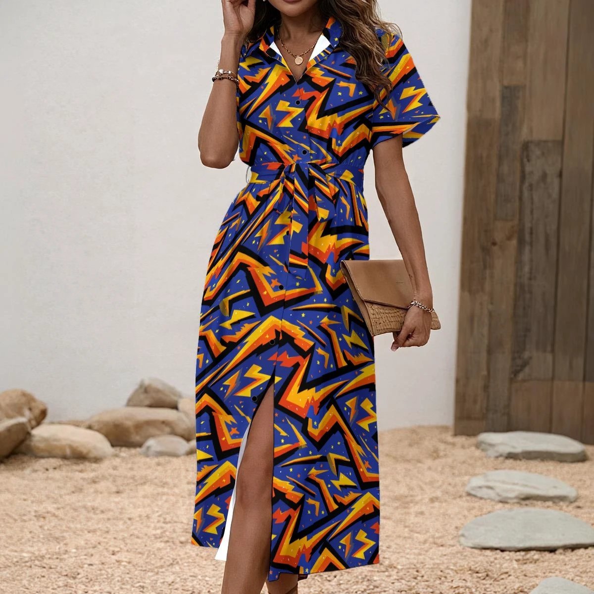Maximalist Midi Dress for Gallery-Going Self-Expressers — AOP Button-Front Shirt Dress, Festival Statement Dress, Art-Forward Women's Midi