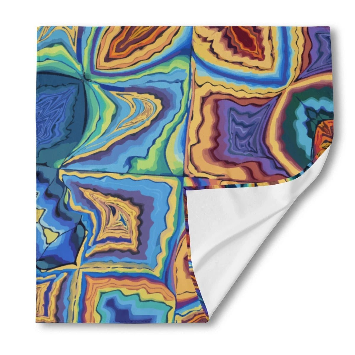 Agate Dreams Silk Bandana — Blue & Amber Geode Marble AOP Square Scarf, Psychedelic Accessory