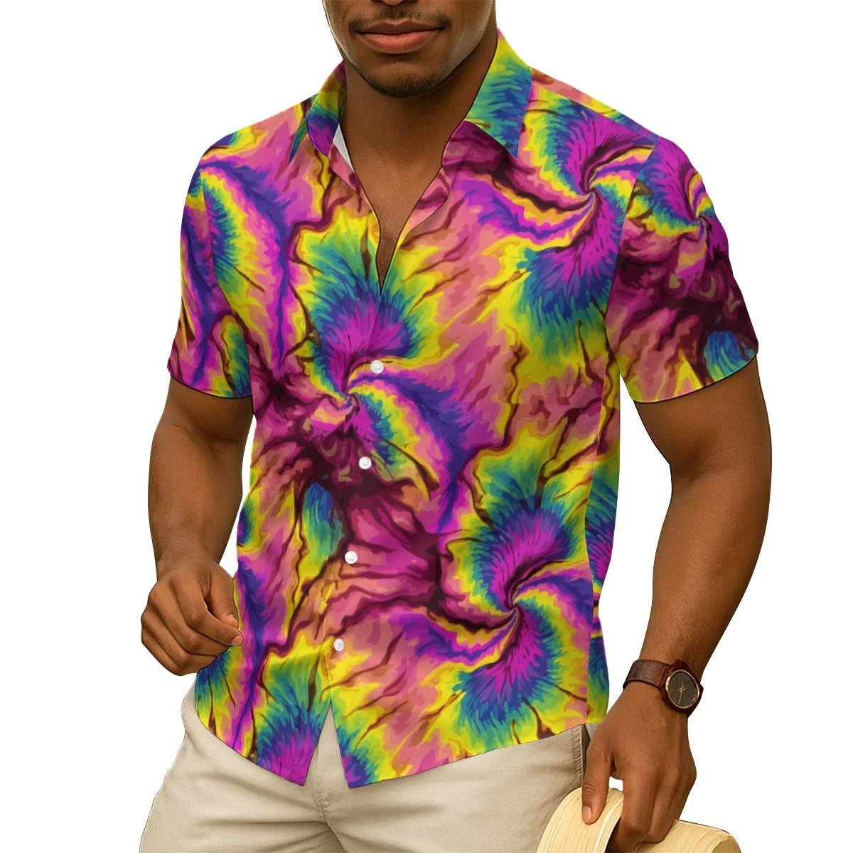 Wearable Art Silk-Feel Shirt for Festival-Goers — Incoherent State of Dye AOP Short Sleeve, Fluid Abstract Print, Dyles Mavis Original