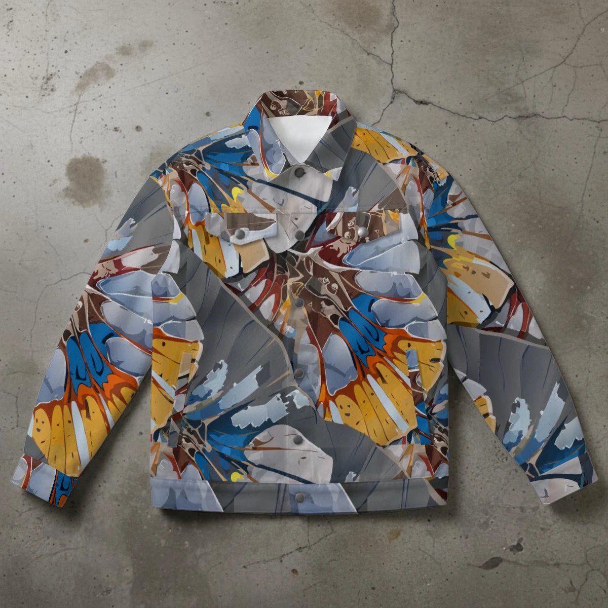 Glacier Shard Collared Jacket — Icy Blue Abstract Patchwork AOP Outerwear for Cool-Tone Maximalists
