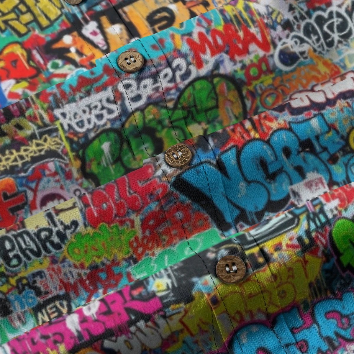 Graffiti Mural AOP Lapel Shirt for Hip-Hop Streetwear Collectors — 125gsm Slub Cotton Long Sleeve, Full-Bleed Urban Art Workwear