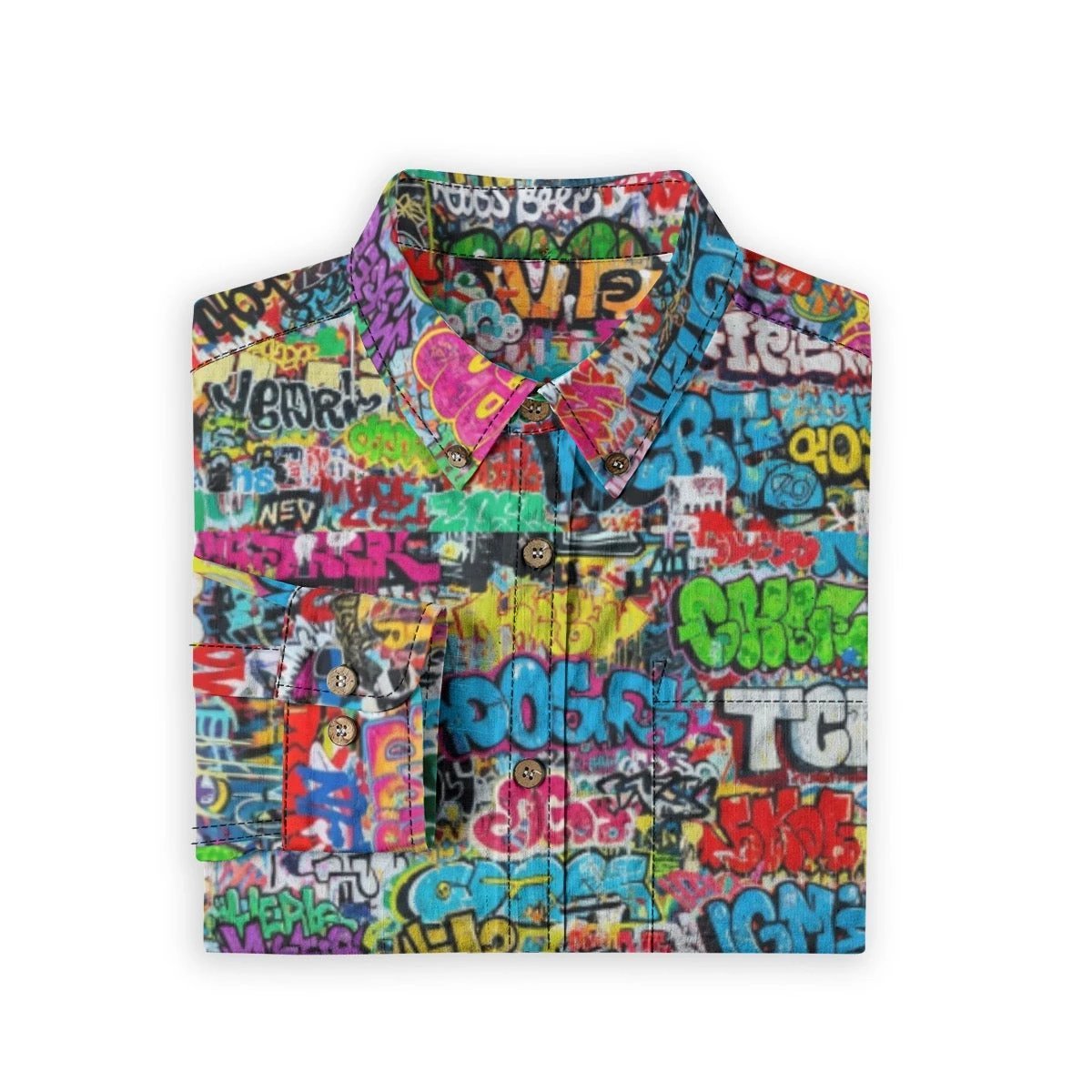 Graffiti Mural AOP Lapel Shirt for Hip-Hop Streetwear Collectors — 125gsm Slub Cotton Long Sleeve, Full-Bleed Urban Art Workwear