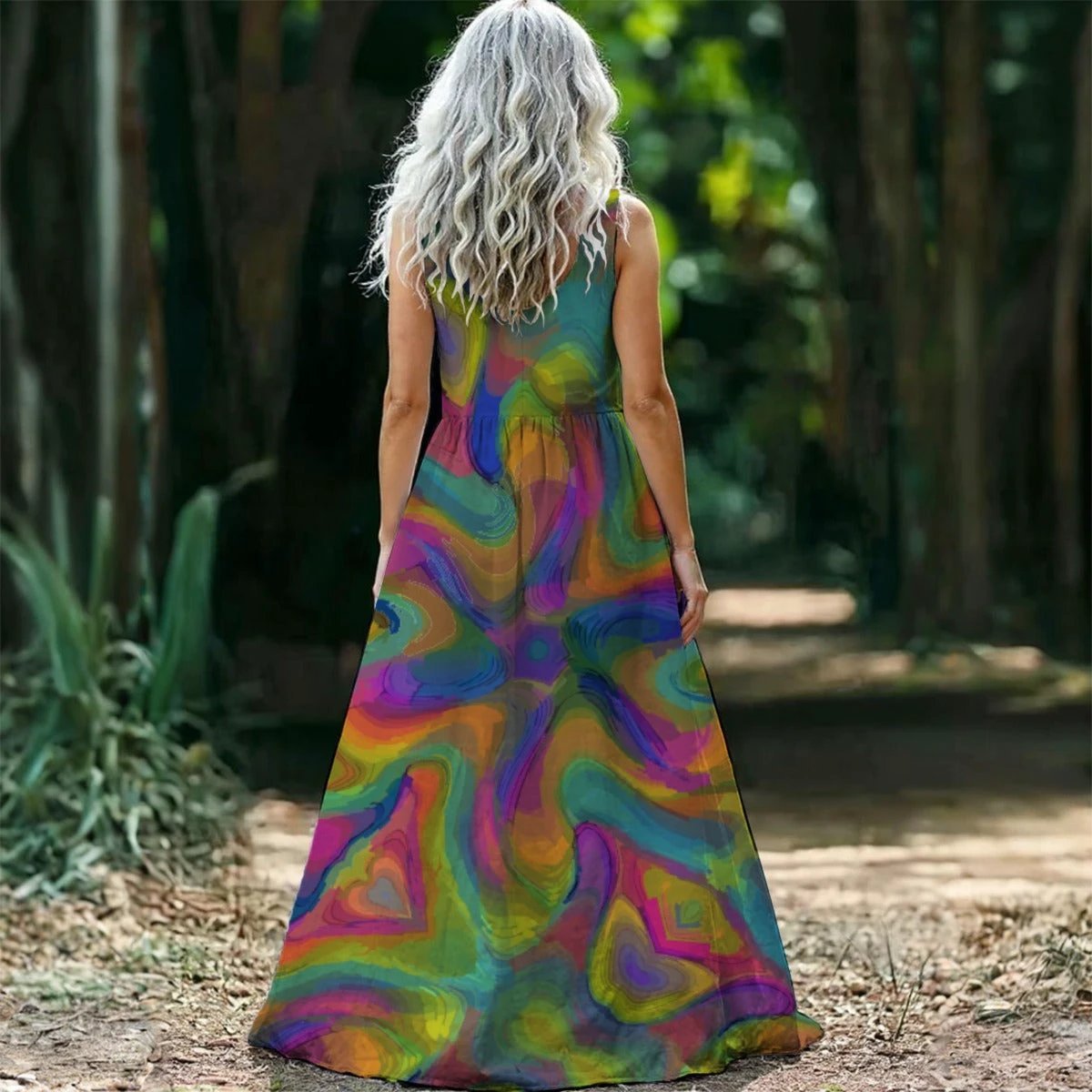 Tropical Leaf Maxi Dress for Botanical Aesthetic Lovers — AOP Sleeveless Blue Toned Floral, Summer Festival Dress, Art-Forward Women's Floor-Length
