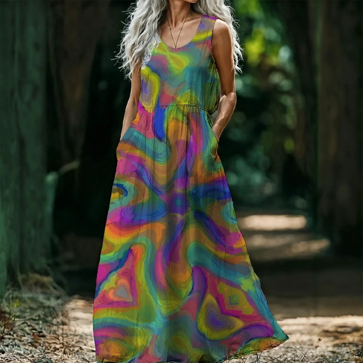 Tropical Leaf Maxi Dress for Botanical Aesthetic Lovers — AOP Sleeveless Blue Toned Floral, Summer Festival Dress, Art-Forward Women's Floor-Length