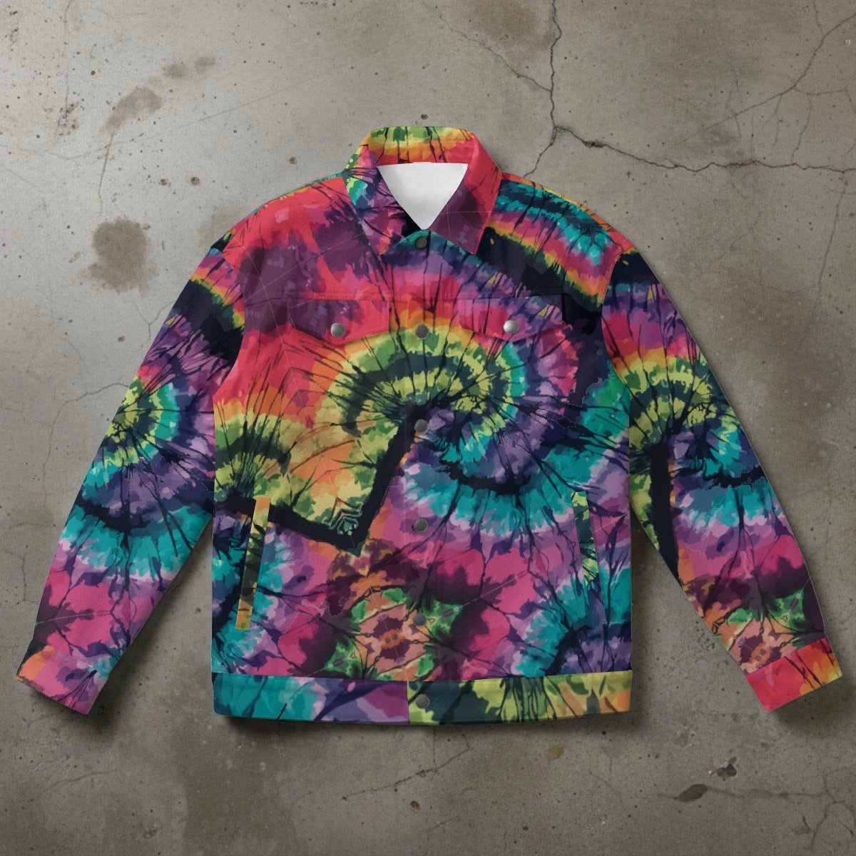 Spiral Tie-Dye Patch Collared Jacket — Rainbow Swirl Collage AOP Canvas-Feel Statement Outerwear