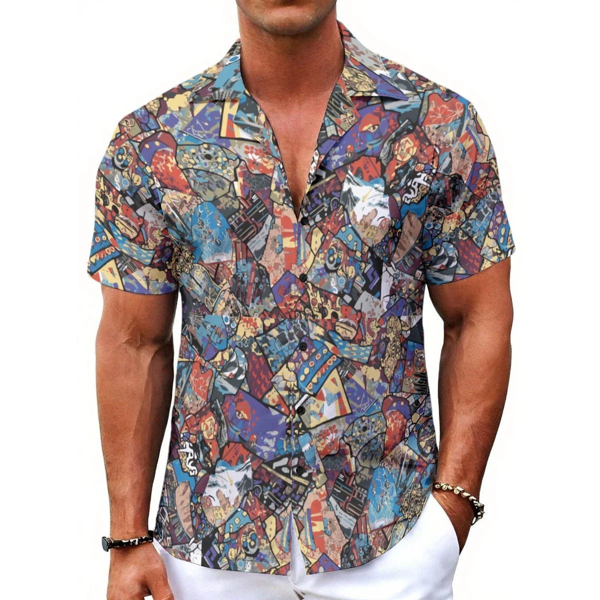 Maximalist Hawaiian Shirt for Art-Literate Dressers — Abstract Patchwork AOP Button-Up, Summer Festival Top, Intricate Print Menswear