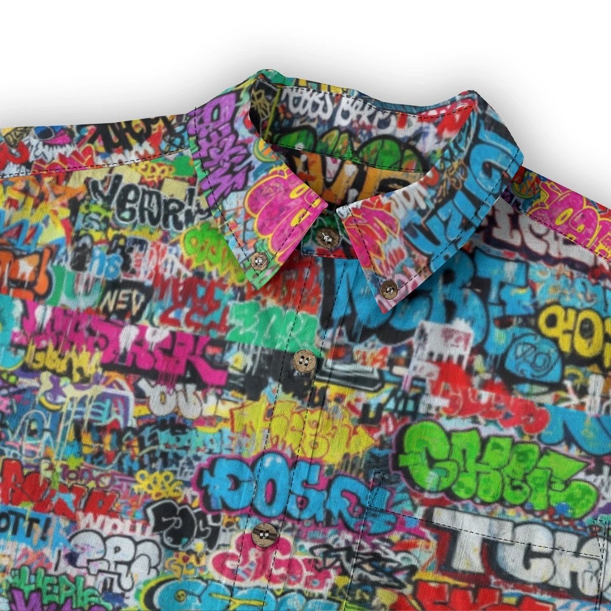 Graffiti Mural AOP Lapel Shirt for Hip-Hop Streetwear Collectors — 125gsm Slub Cotton Long Sleeve, Full-Bleed Urban Art Workwear