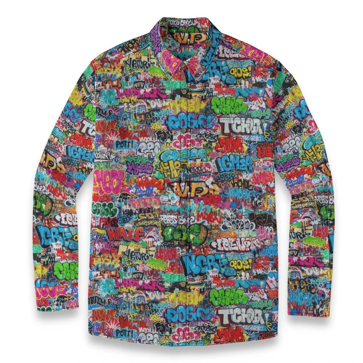 Graffiti Mural AOP Lapel Shirt for Hip-Hop Streetwear Collectors — 125gsm Slub Cotton Long Sleeve, Full-Bleed Urban Art Workwear
