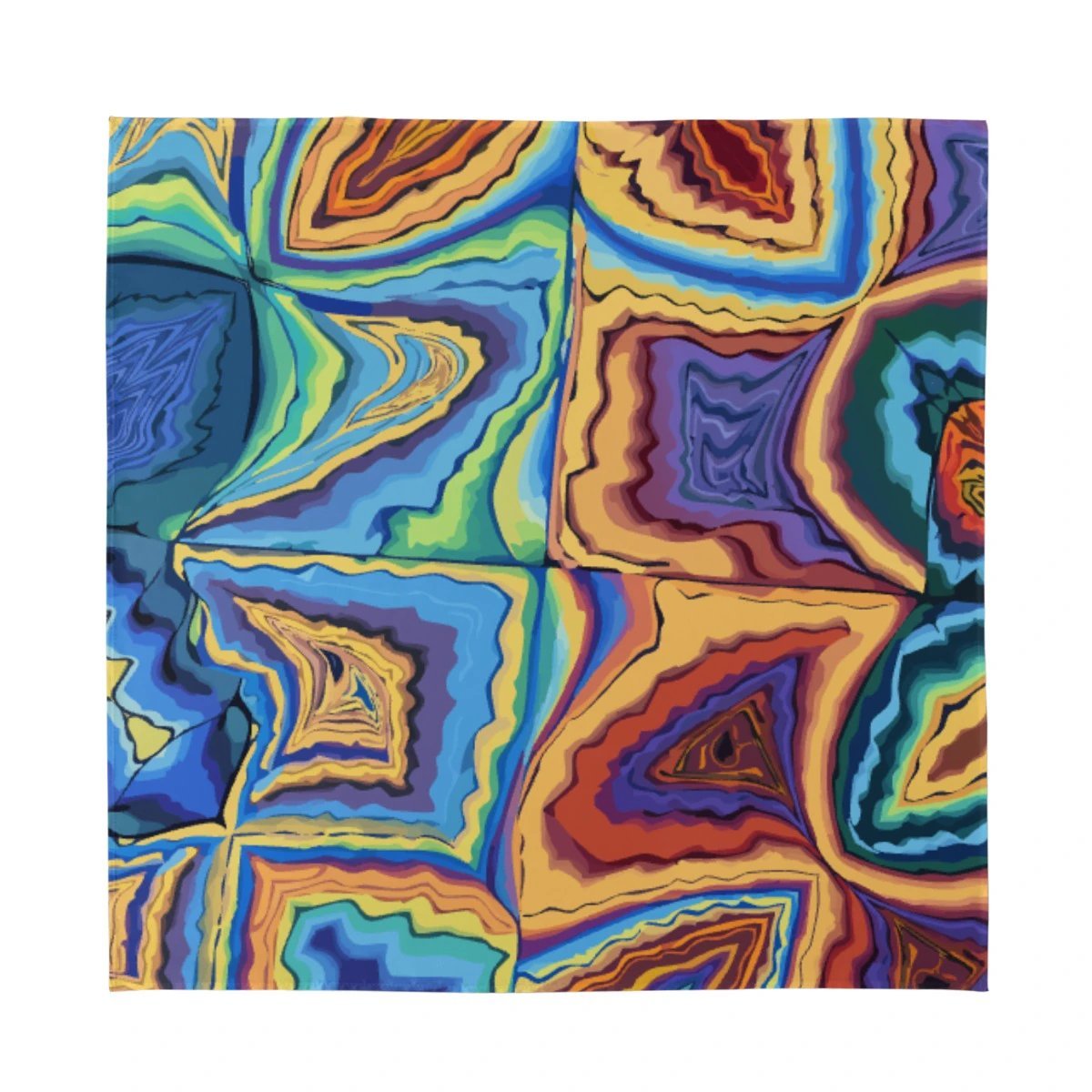 Agate Dreams Silk Bandana — Blue & Amber Geode Marble AOP Square Scarf, Psychedelic Accessory