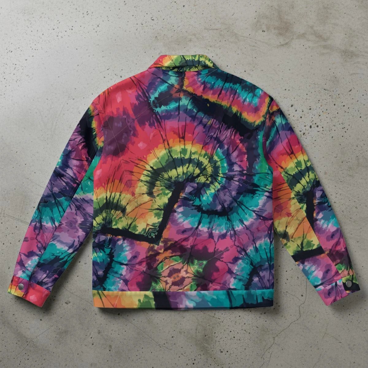 Spiral Tie-Dye Patch Collared Jacket — Rainbow Swirl Collage AOP Canvas-Feel Statement Outerwear
