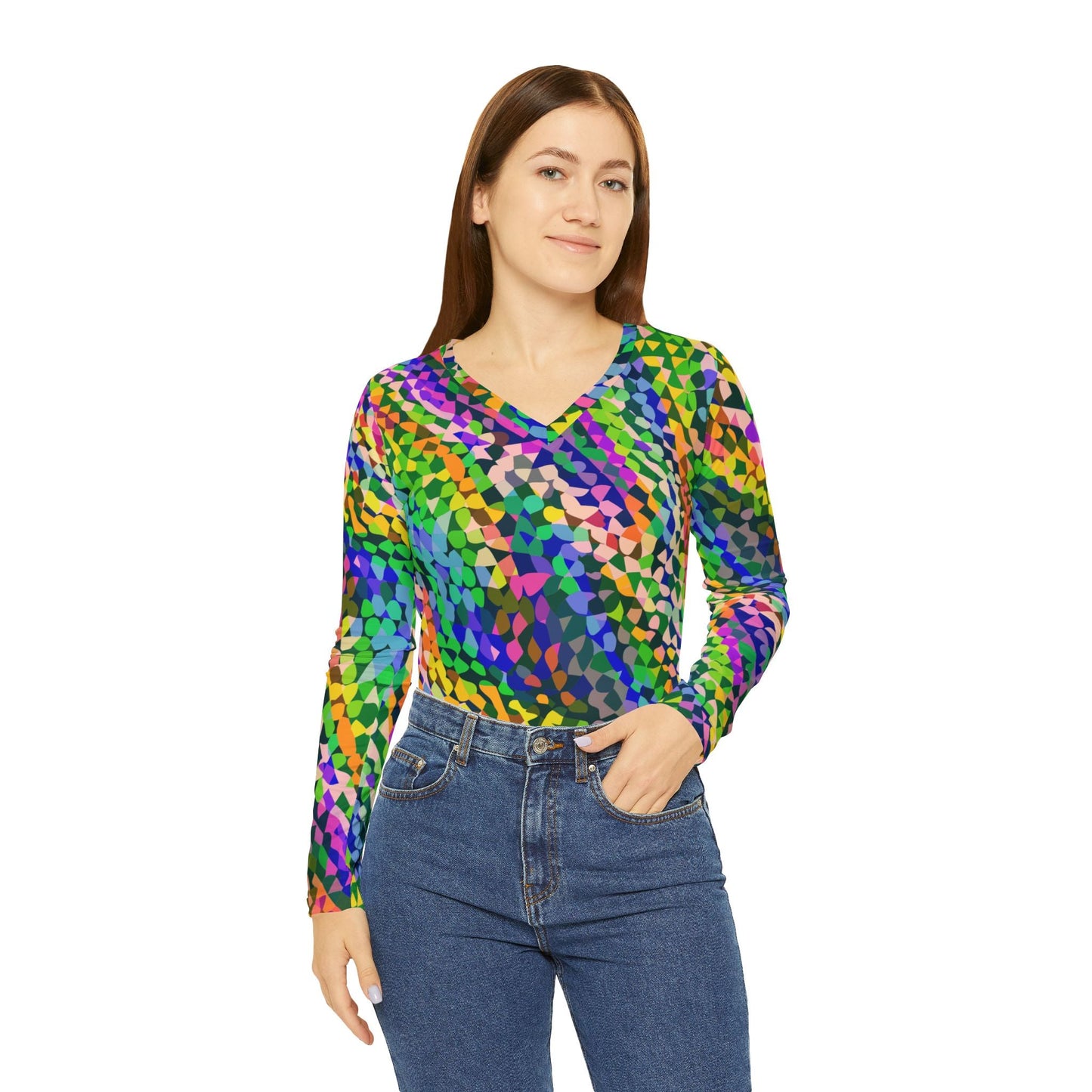 Vibrant AOP Long Sleeve V-Neck for Glow-Up Self-Expressers — Women's Bold Print Tee, Confidence-Led Statement Top, Everyday Maximalist Shirt