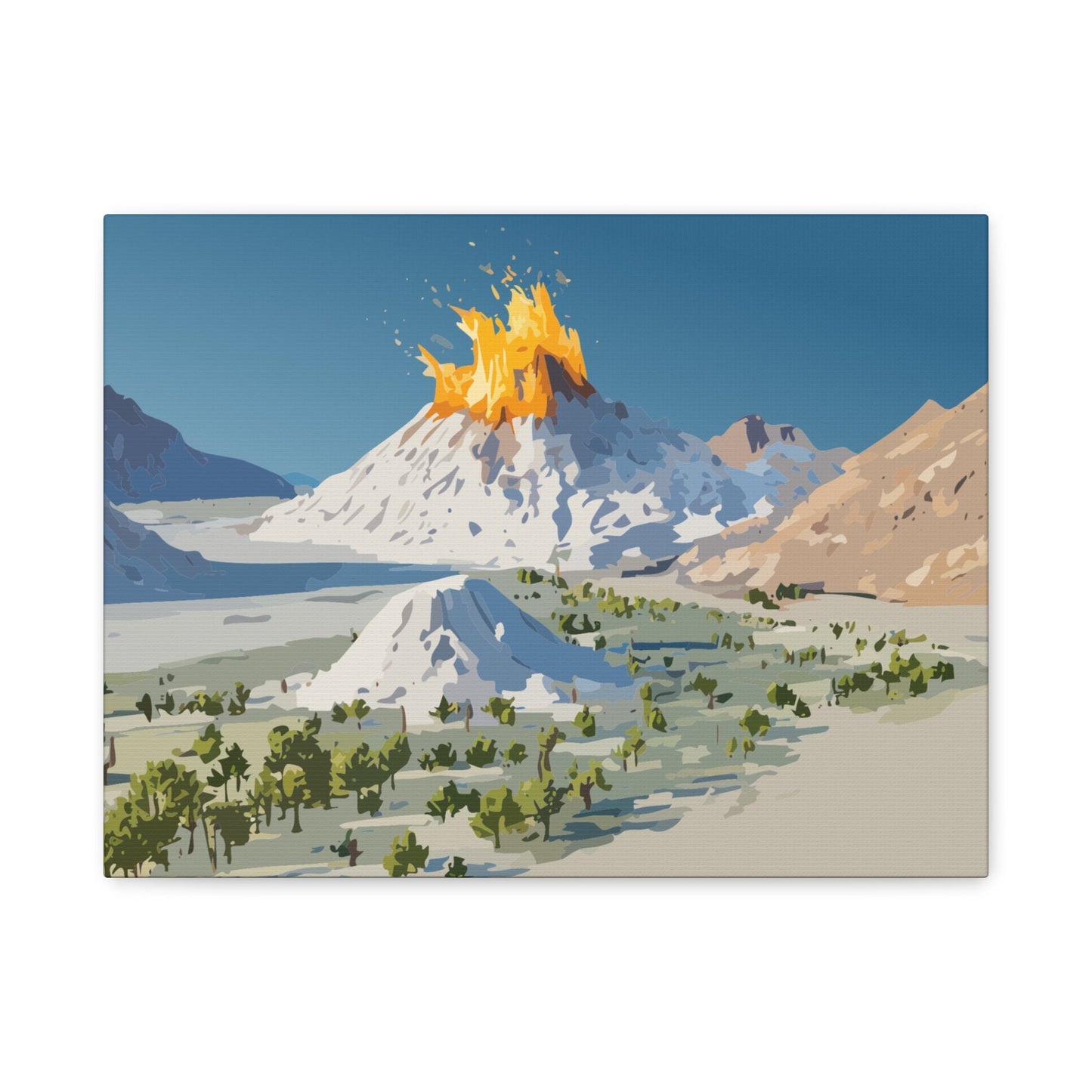 Tropical Volcano Eruption Canvas Wall Art | Stylized National-Park Vector Print on FSC-Certified Stretched Matte Canvas — Mystery Island Decor