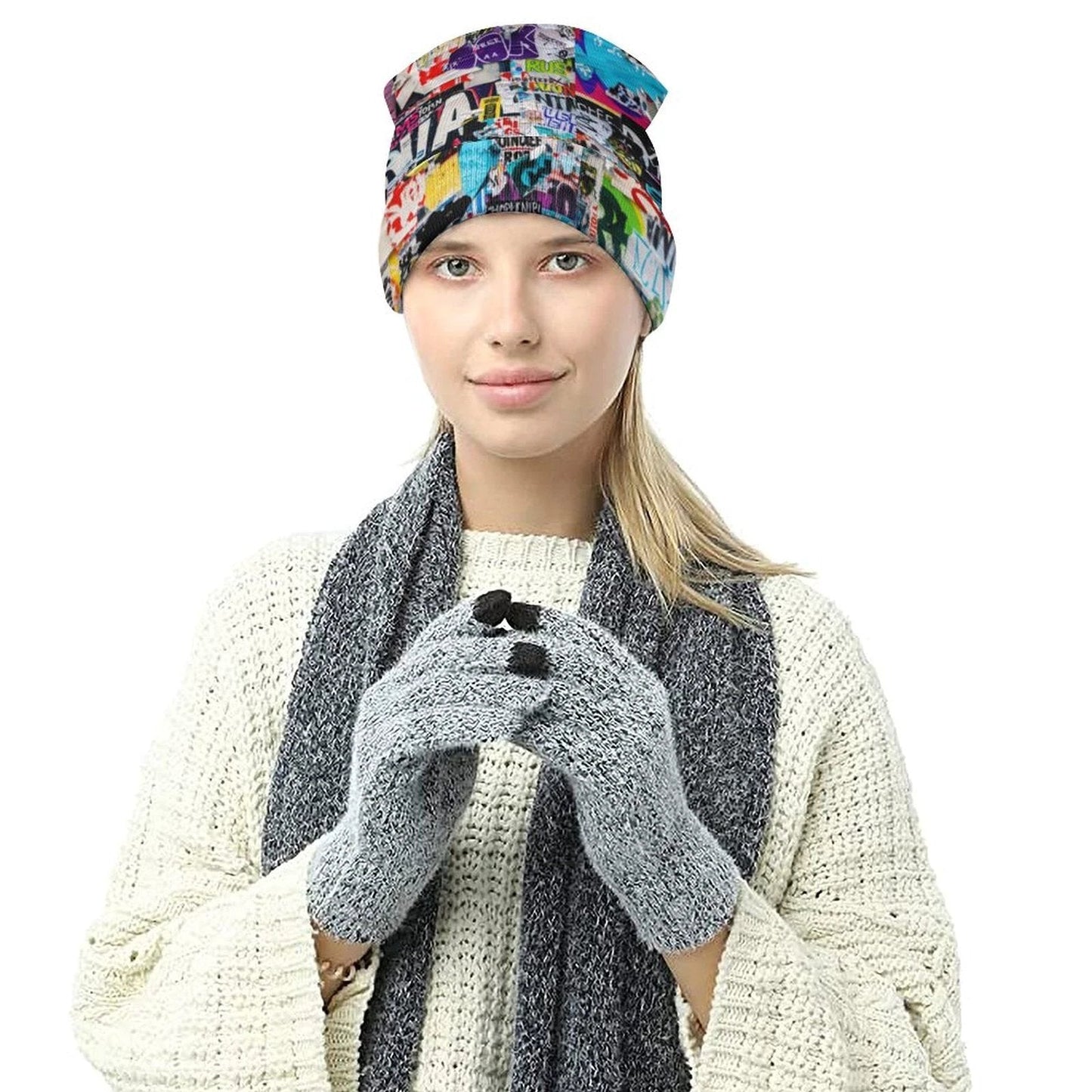 Tag Collage AOP Knit Beanie – All-Over Print, One Size