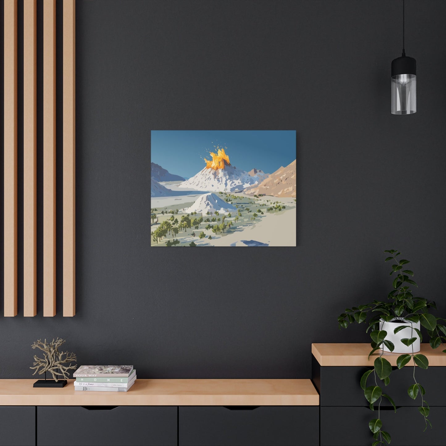Tropical Volcano Eruption Canvas Wall Art | Stylized National-Park Vector Print on FSC-Certified Stretched Matte Canvas — Mystery Island Decor
