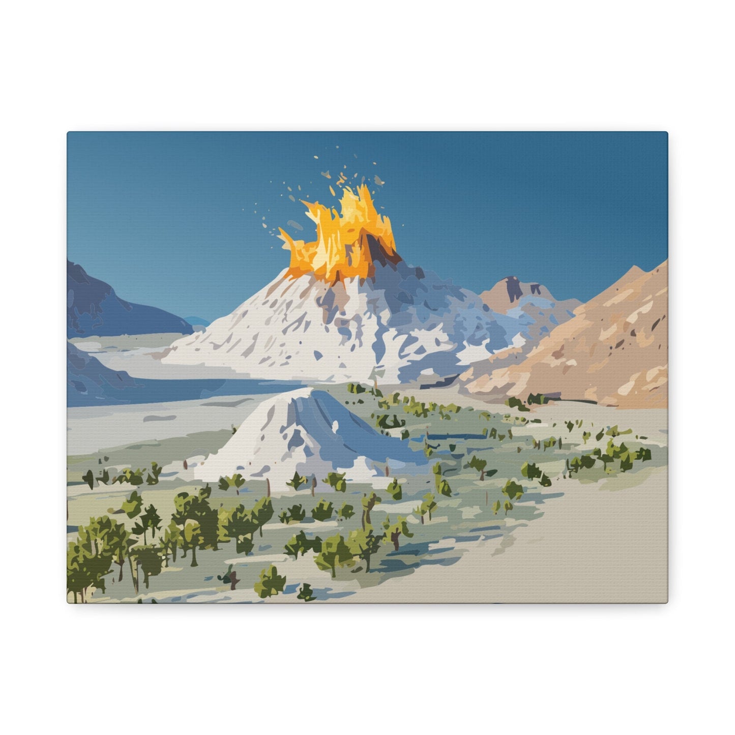 Tropical Volcano Eruption Canvas Wall Art | Stylized National-Park Vector Print on FSC-Certified Stretched Matte Canvas — Mystery Island Decor