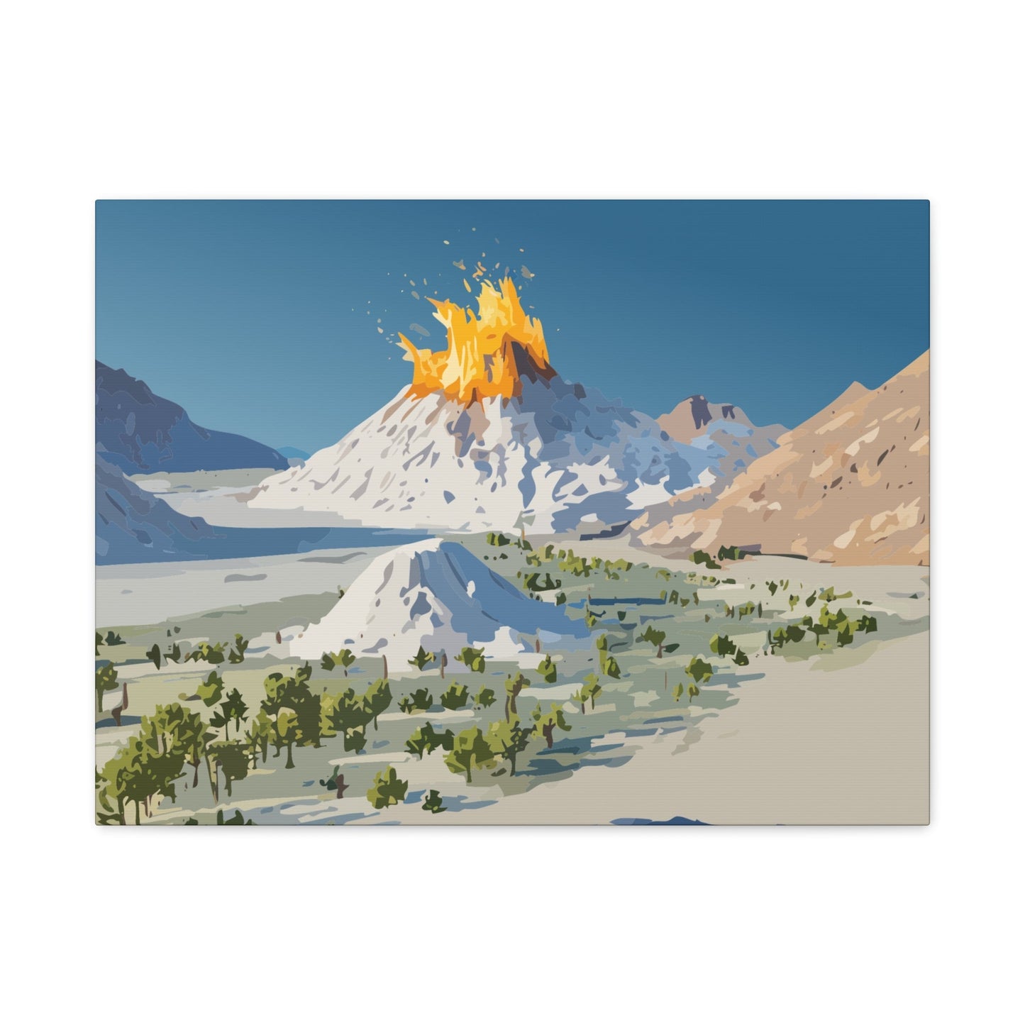 Tropical Volcano Eruption Canvas Wall Art | Stylized National-Park Vector Print on FSC-Certified Stretched Matte Canvas — Mystery Island Decor