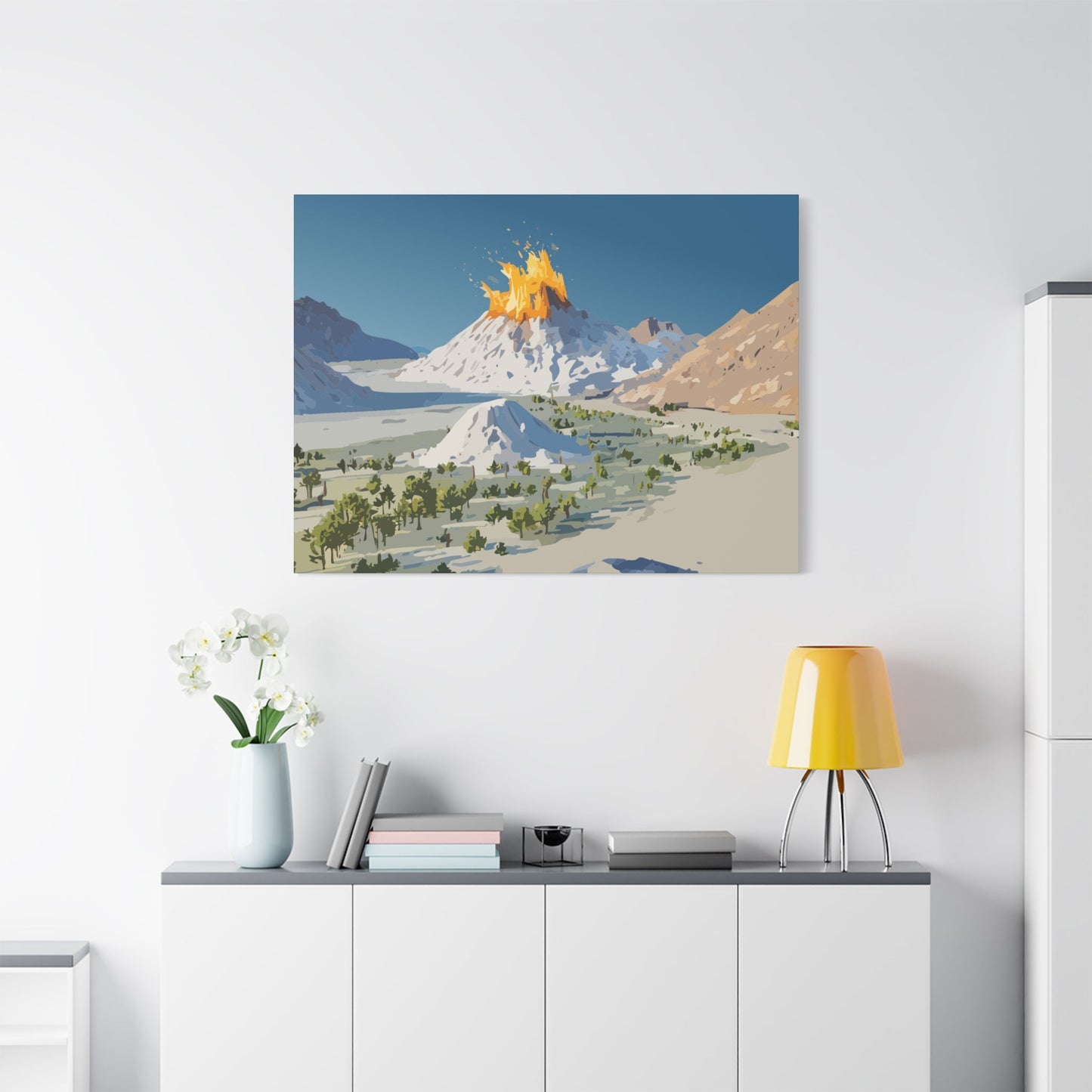 Tropical Volcano Eruption Canvas Wall Art | Stylized National-Park Vector Print on FSC-Certified Stretched Matte Canvas — Mystery Island Decor
