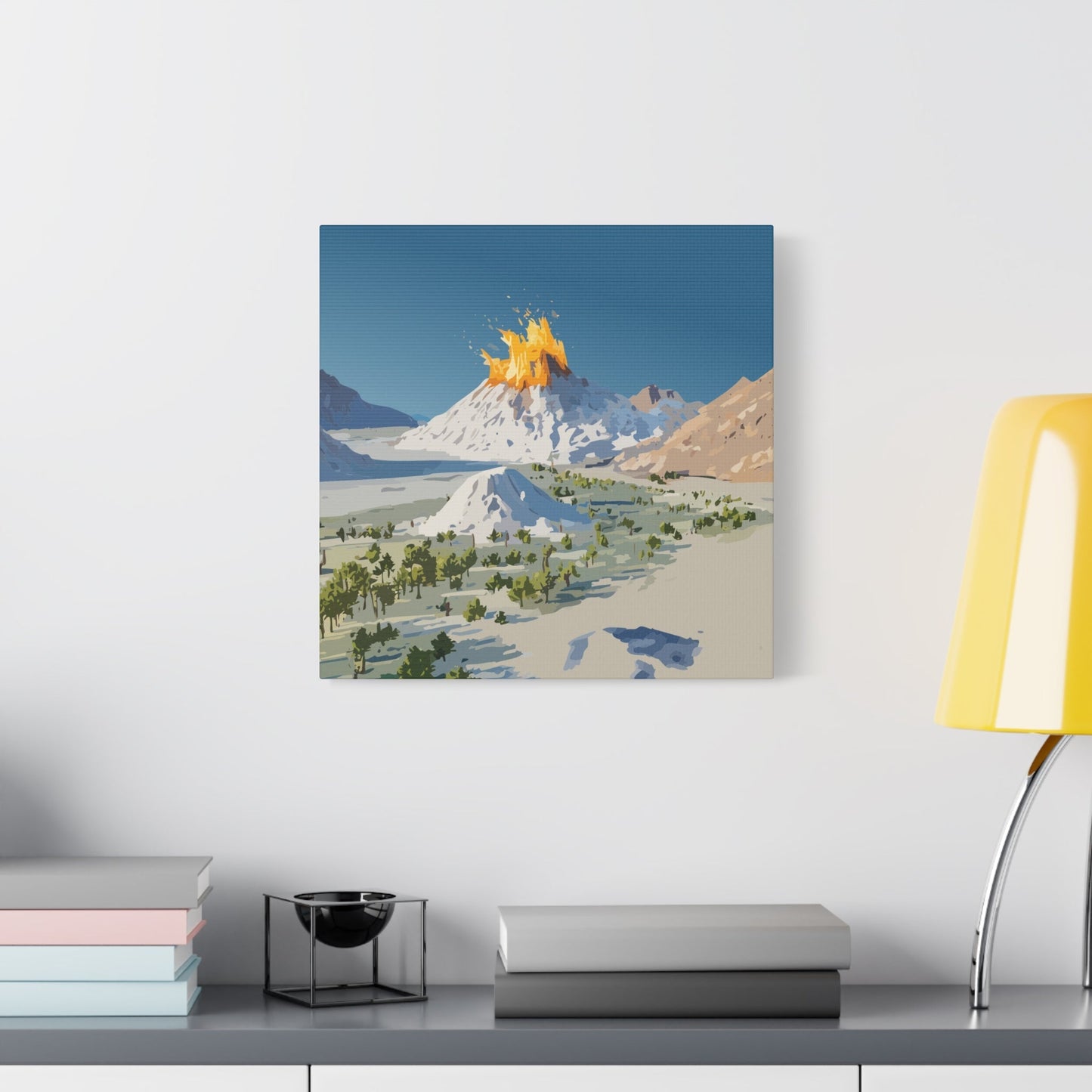 Tropical Volcano Eruption Canvas Wall Art | Stylized National-Park Vector Print on FSC-Certified Stretched Matte Canvas — Mystery Island Decor